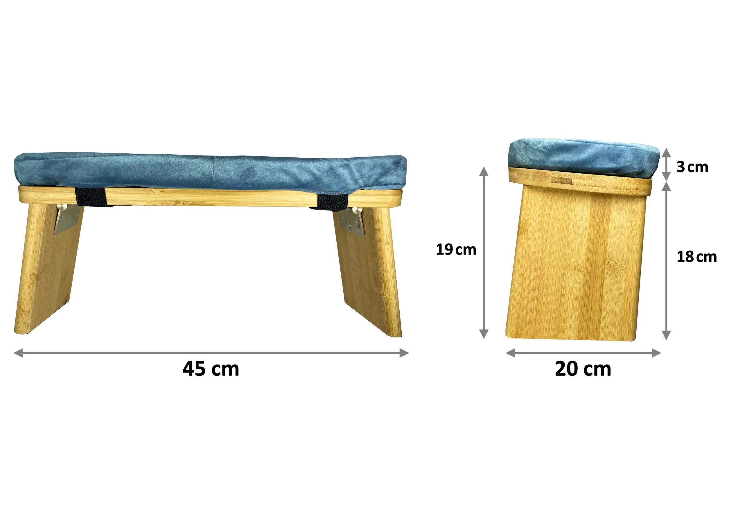 Tortuga składana ławka do medytacji z wyściełanym siedziskiem – taboret do jogi z bambusa – ergonomiczna – kompletny zestaw: torba, wygodna poduszka – poprawia postawę (niebieska)