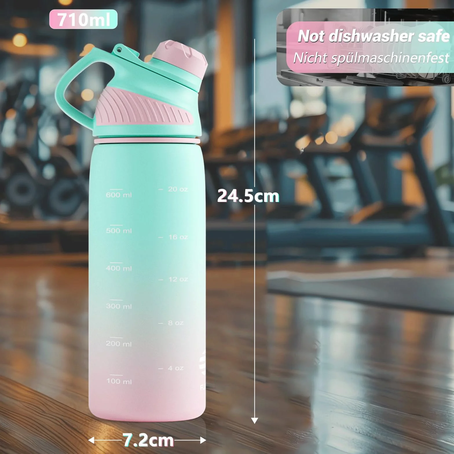Fjbottle Butelka na wodę 1L/710 ml - motywacyjny plastik z pokrywką magnetyczną do studia fitness, szkoły, jazdy na rowerze i sportu, bez wycieków i bez BPA