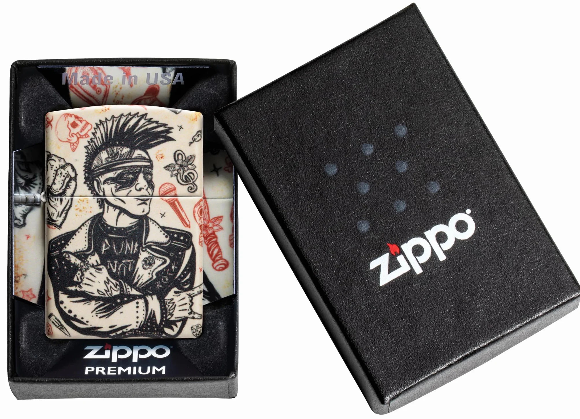 Zippo Punk Rock, Zapalniczka Sztormowa, Kolorowy Nadruk, do Napełniania, Wielokrotnego Użytku, Wiatroodporna Konstrukcja, Pudełko na Prezent, Wykonano w USA, Kolor 540°