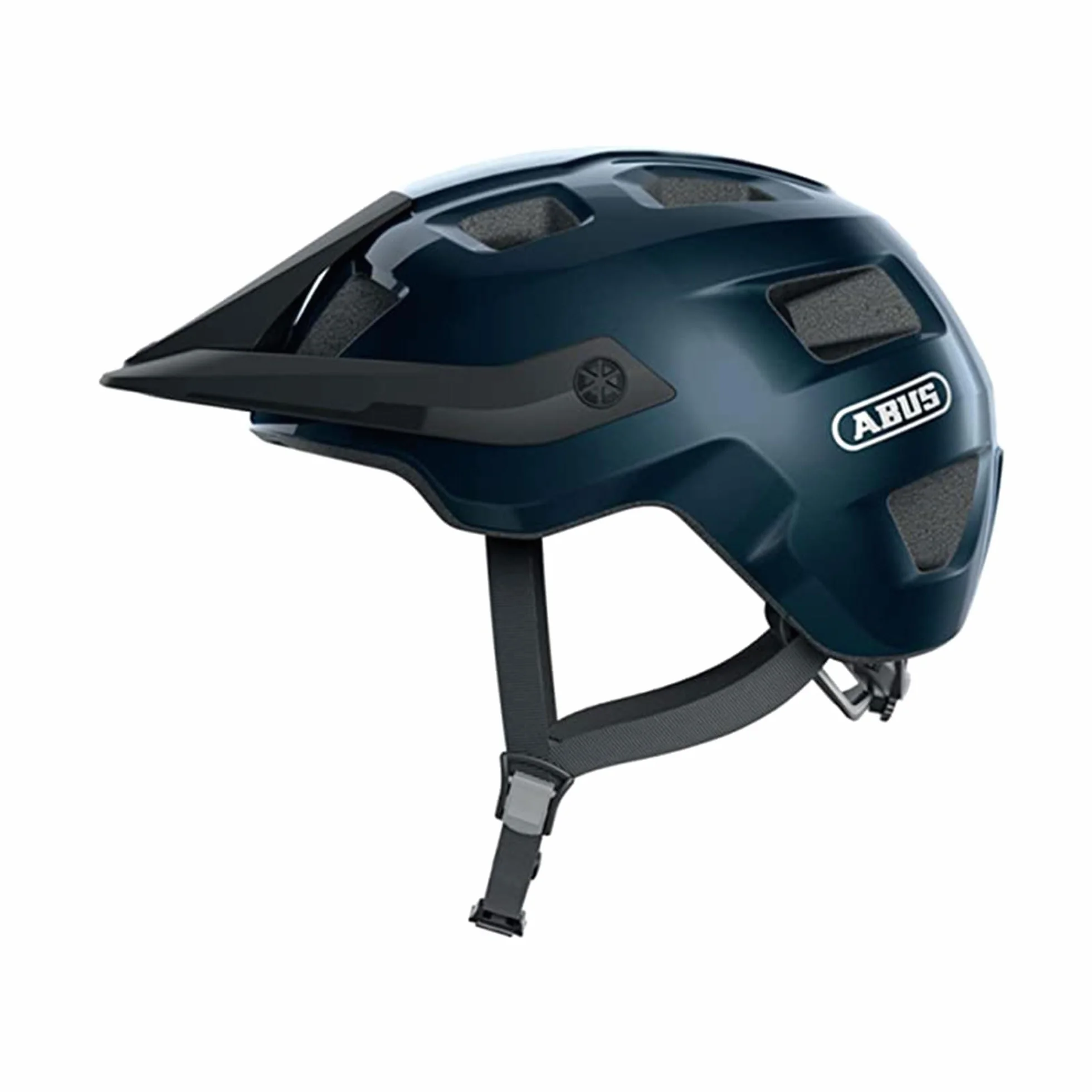 ABUS Kask MTB MoTrip – wytrzymały kask rowerowy z daszkiem o regulowanej wysokości dla rowerzystów górskich – indywidualne dopasowanie – unisex – niebieski błyszczący, rozmiar M, M (54-58 cm)