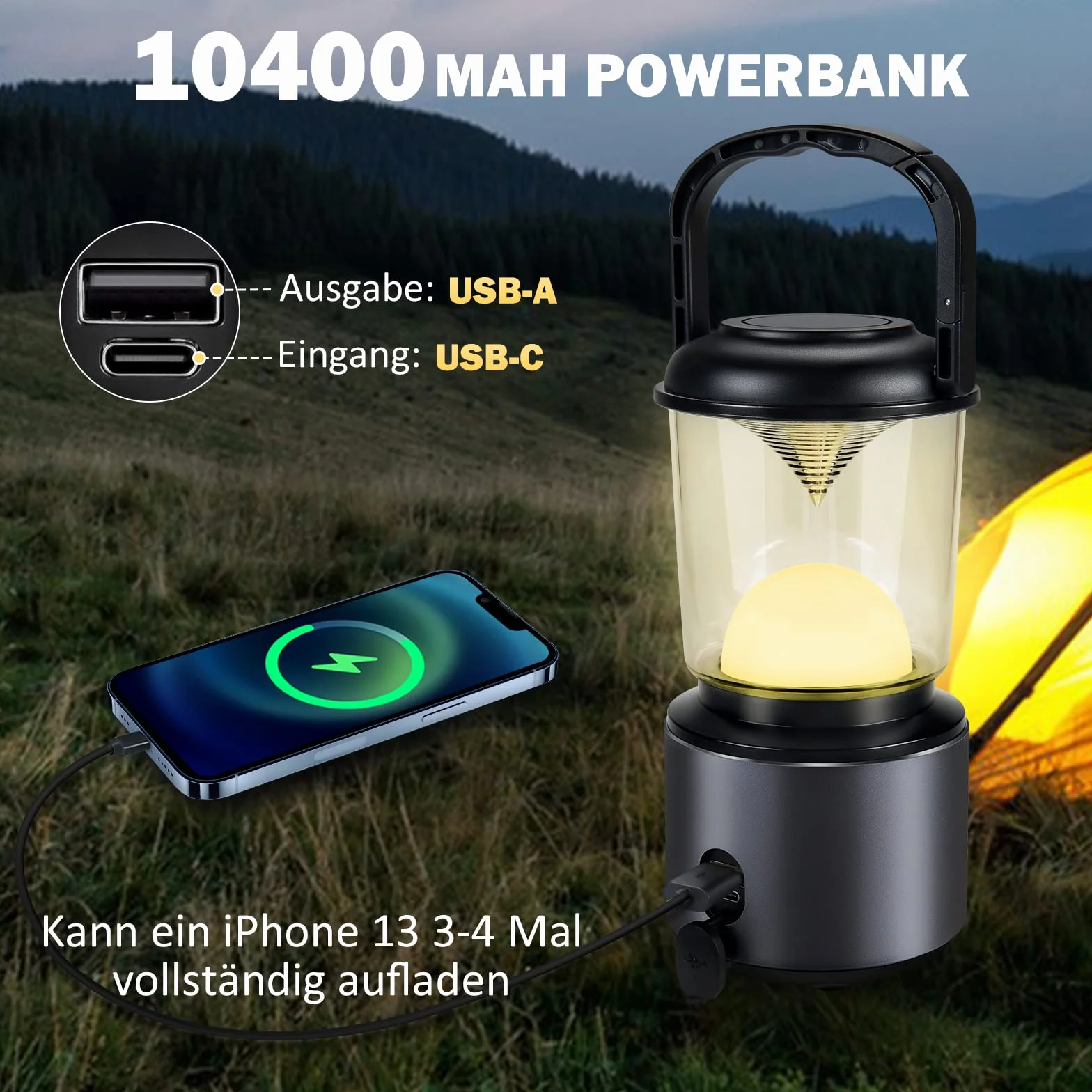 Yonktoo Lámpara de camping 10400 mAh recargable aleación de aluminio 5 modos luz pantalla LCD impermeable