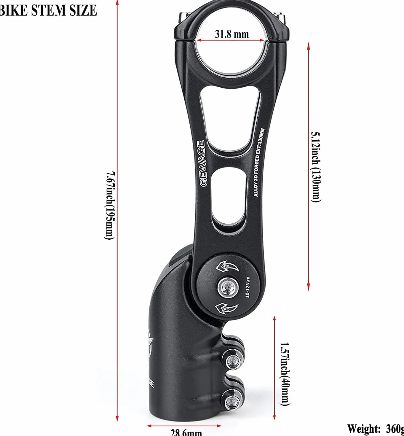 GEWAGE Regulowany Wspornik Kierownicy MTB/Szosowy/BMX – Podniesienie Kierownicy -130° do +90°, 75/95/130 mm, 31,8 mm, Aluminium 3D – Sportowa lub komfortowa jazda (825D-130)