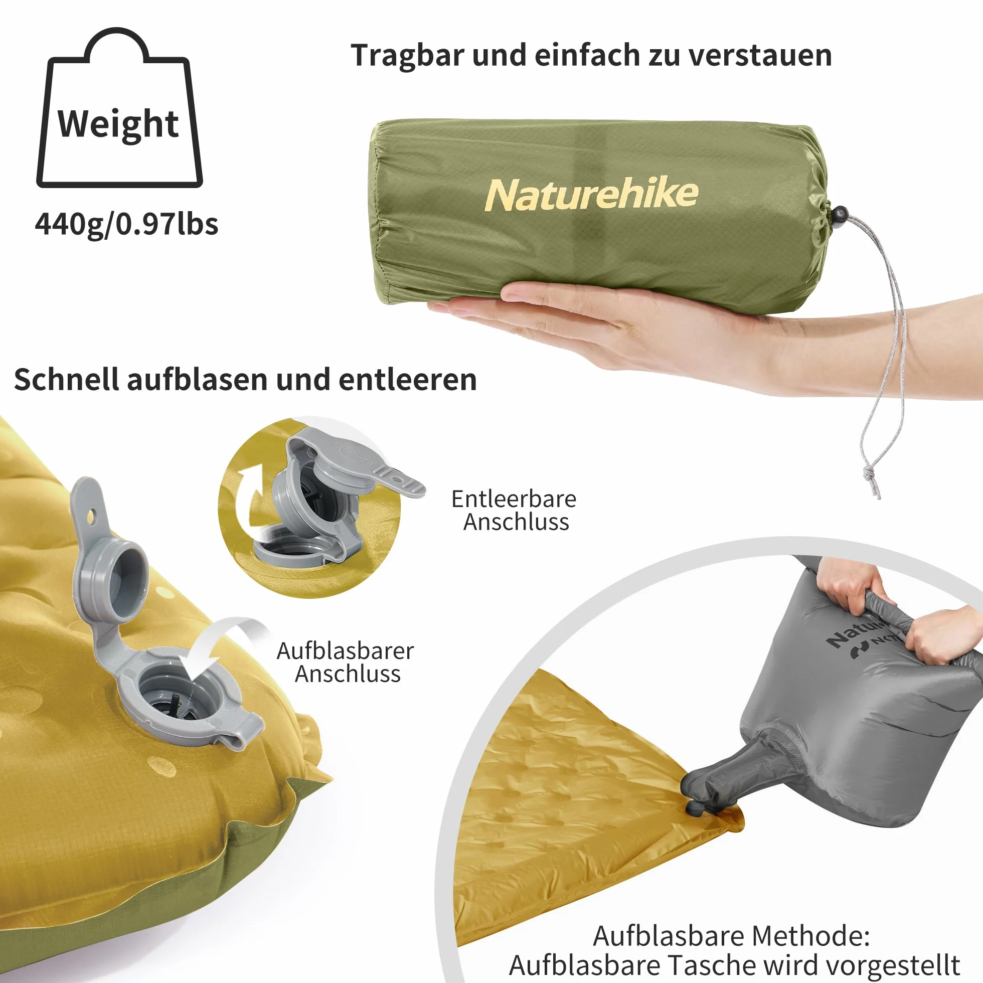 Naturehike Mata kempingowa 3,5 R-Value 4-Sezonowa Ultralekki, Samopompujący, Trwały Materac Dmuchany z Nadmuchiwaną Torbą