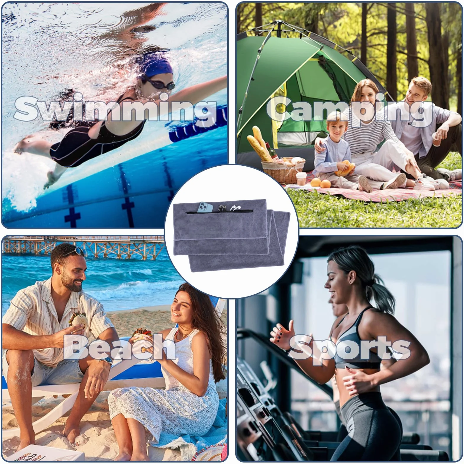 YIIFELL 120 x 50 cm ręcznik fitness, sportowy mikrofibra, z kieszenią, na siłownię, jogę, aktywność, szary