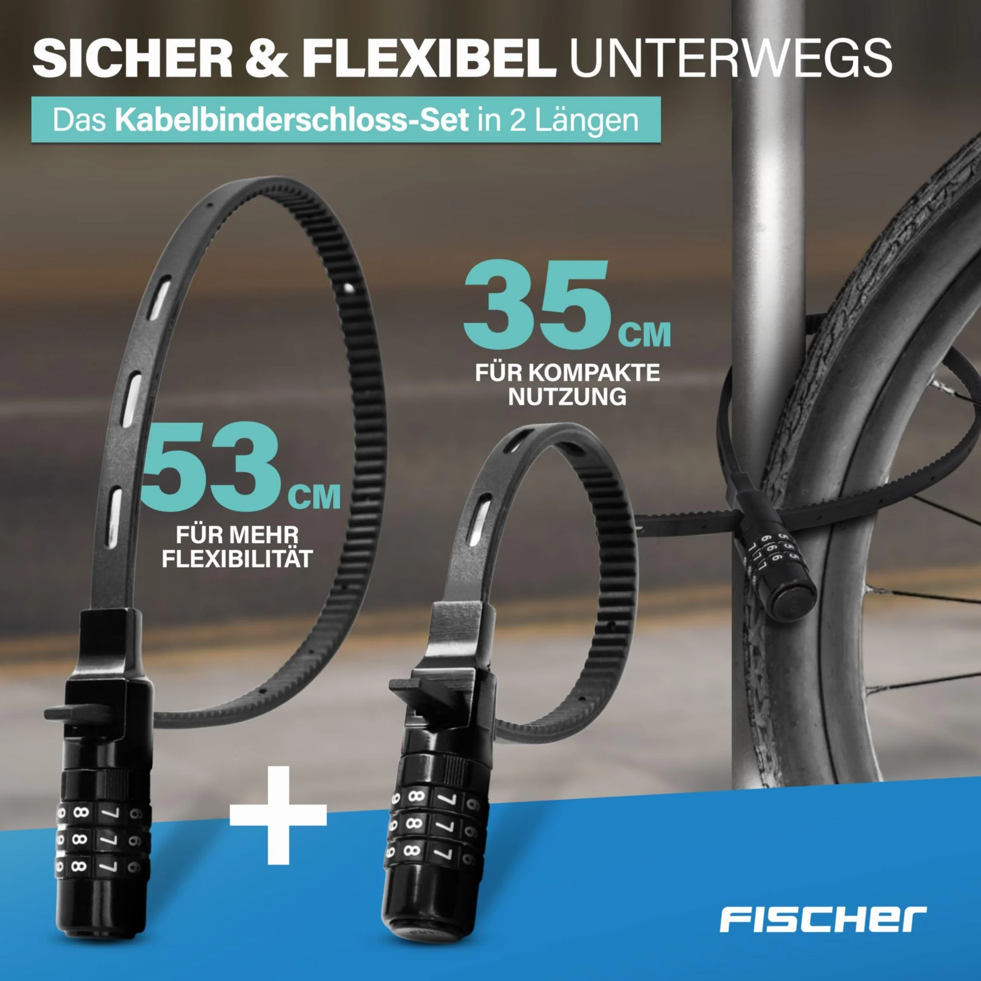 FISCHER Zapięcie rowerowe, zestaw specjalnych zamków z zamkiem szyfrowym, do roweru, kasku lub jazdy na nartach, czarne, dwa zamki o długości 35 i 53 cm