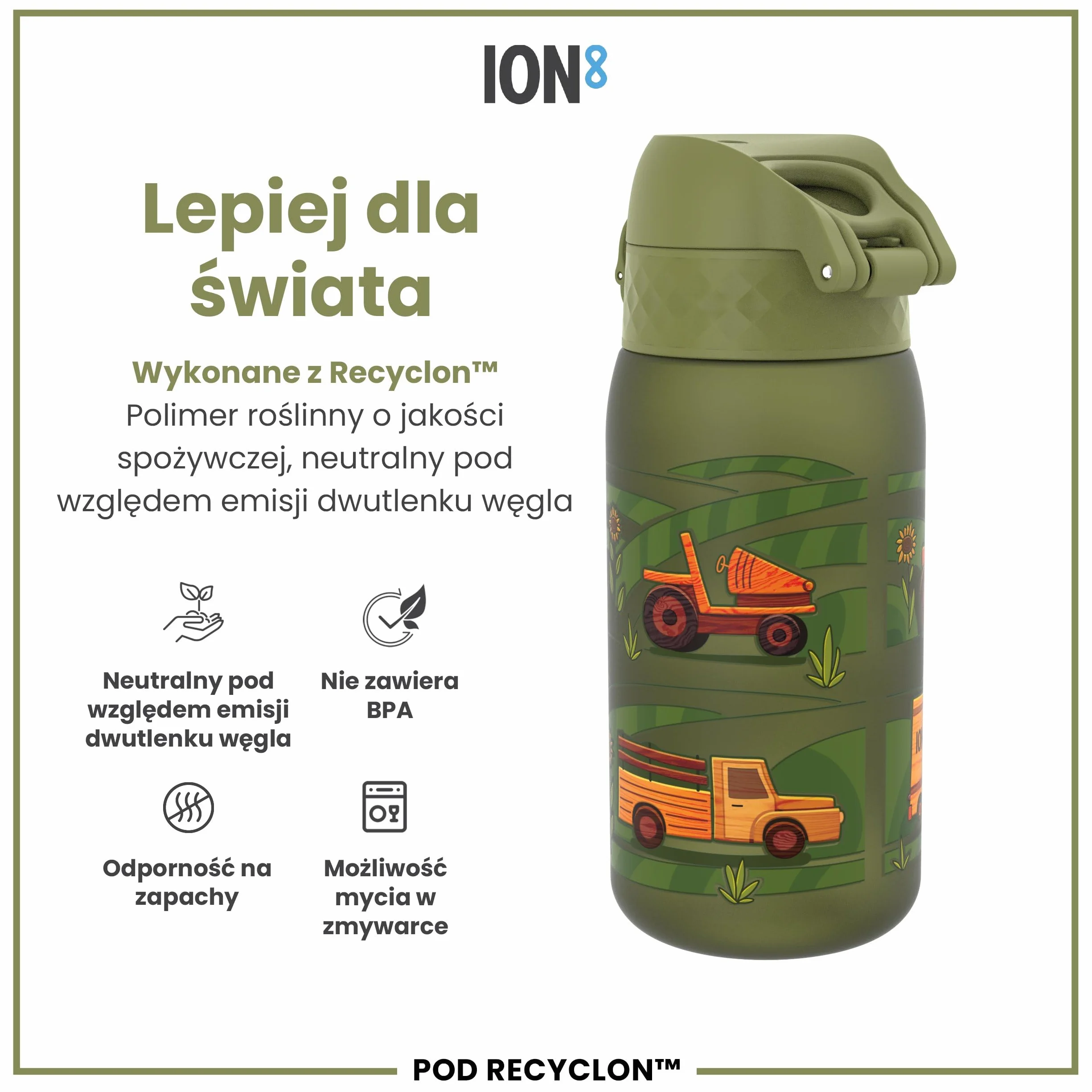 ION8 Butelka dla Dzieci, 350 ml/12 oz, Szczelna, Łatwa do Otwarcia, Bezpieczny Zamek, Można Myć w Zmywarce, Bez BPA, Uchwyt do Przenoszenia, Łatwa do Czyszczenia, Bezwonny, Maszyny Rolnicze
