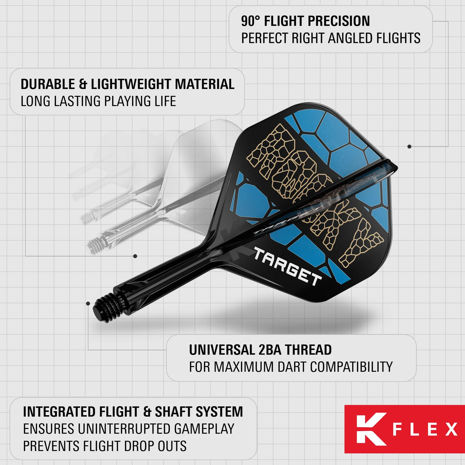 TARGET Darts Josh Rock K Flex Flights and Shaft System, No.2 | Zestaw 3 lotek Kflex All In One, Akcesoria do rzutek Player Edition | Trzpień K-Flex Dart Short/Intermediate/Medium