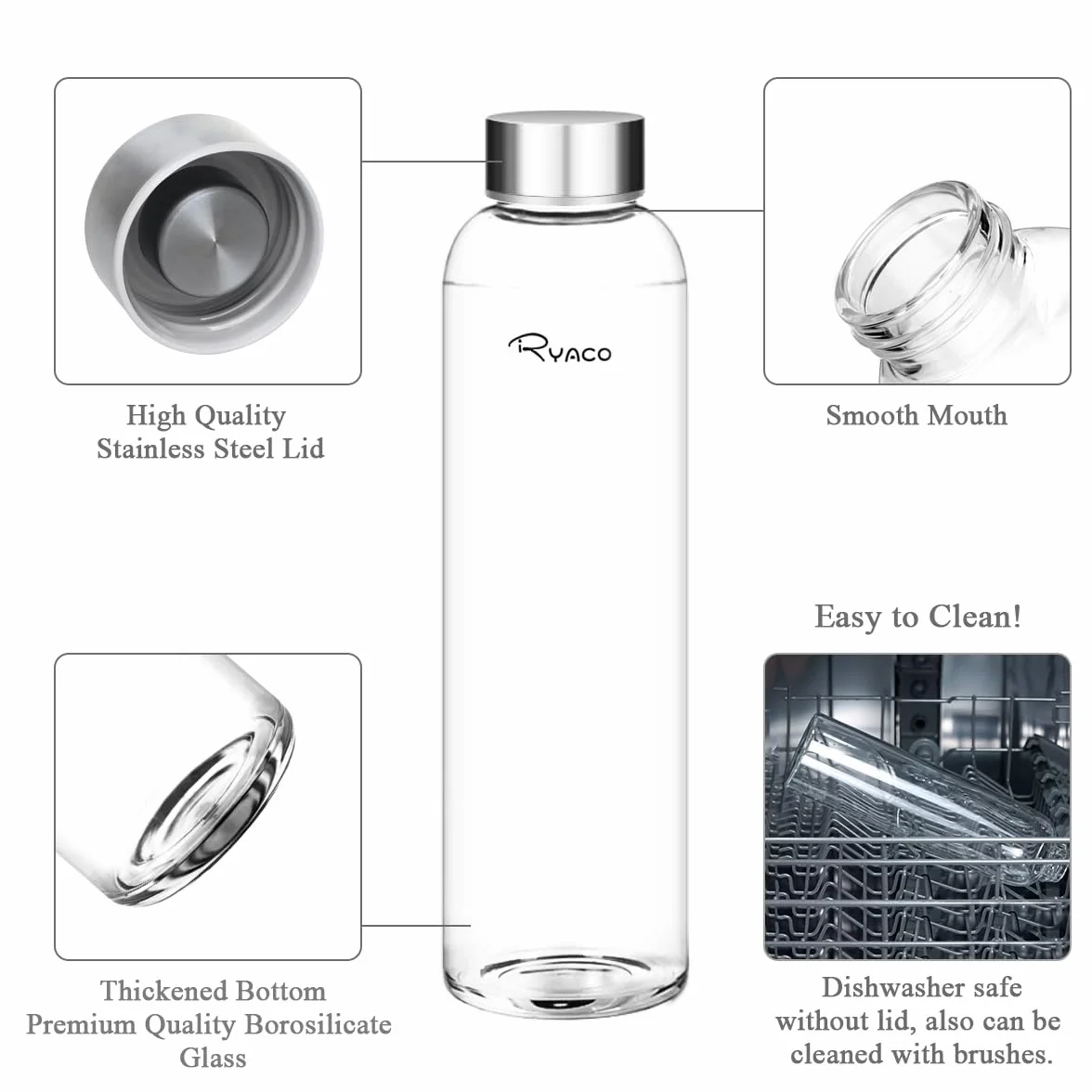 RYACO Butelka na wodę ze szkła borokrzemowego, 1000 ml, bez BPA, szczelna, do szkoły, domu, biura, podróży, sportu, jogi, siłowni, gorących/zimnych napojów, z neoprenowym rękawem i szczotką z gąbki