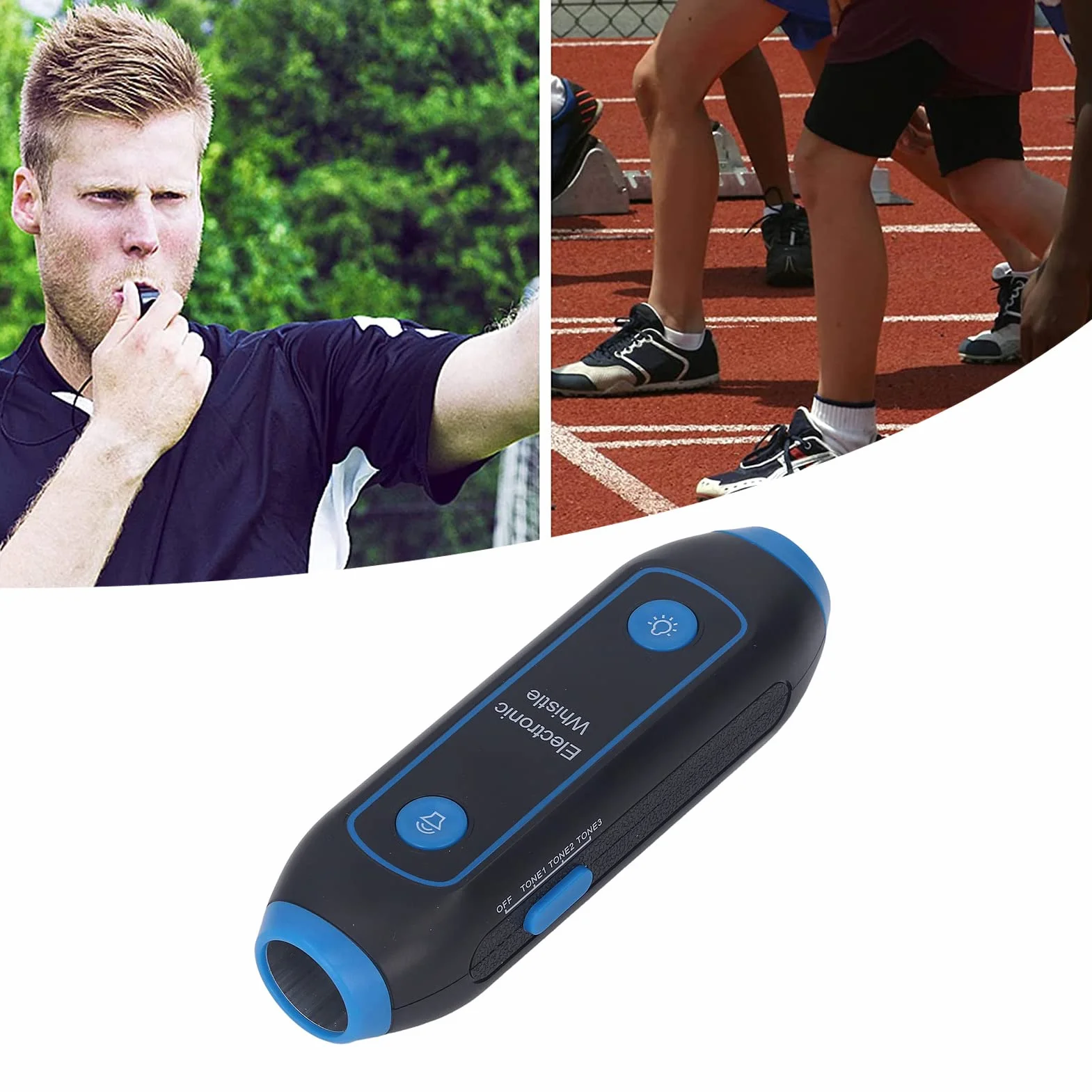 Gwizdek Sportowy Elektroniczny 120-150dB z 3 Tonami i 3 Poziomami Głośności do Treningów, Profesjonalny z LED i Przyciskiem, Niebieski
