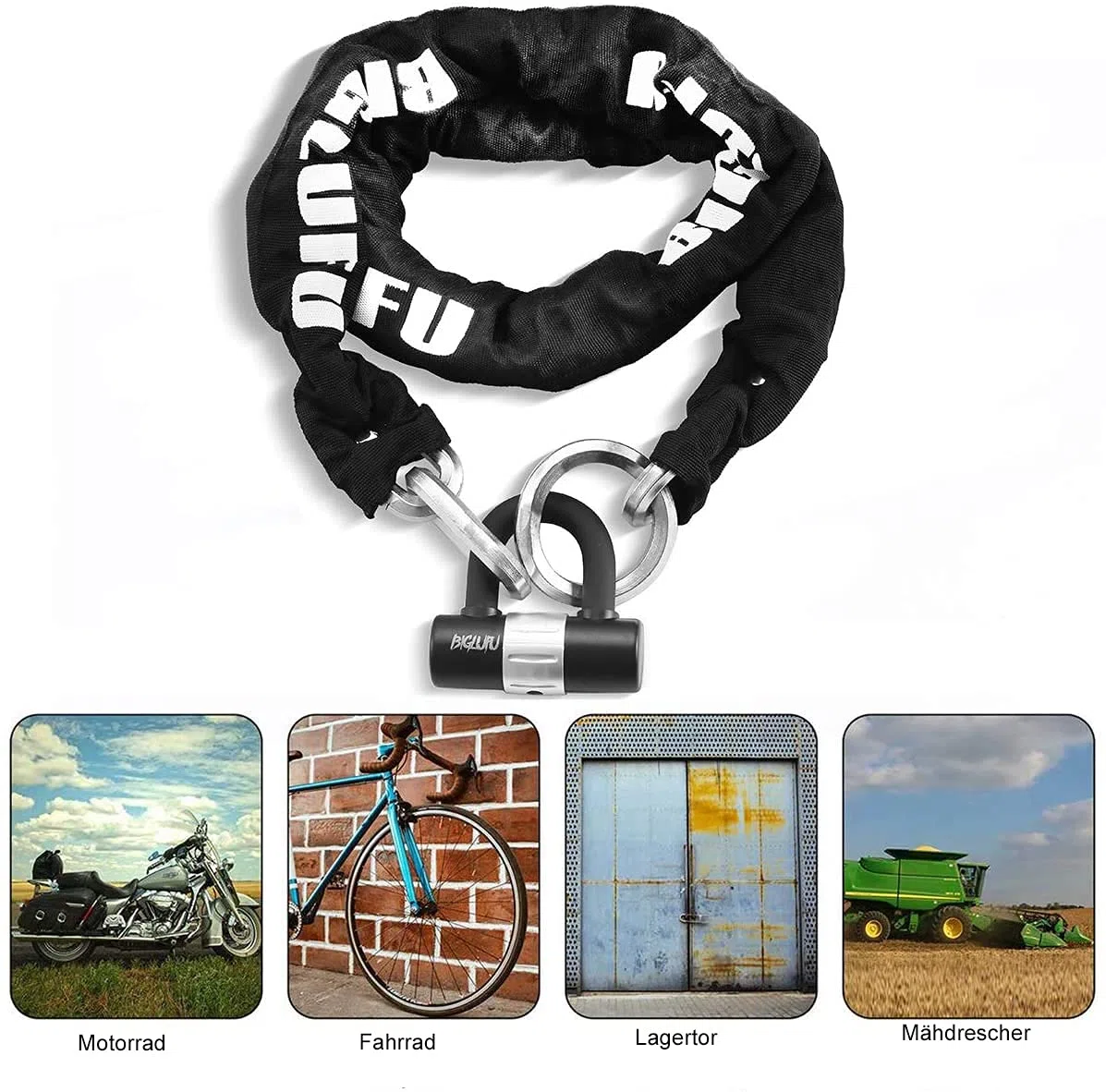 Abus Level 10 zapięcie rowerowe, zamek do motocykla, ciężki zamek rowerowy, długość 120 cm, 14 mm, do roweru, motocykla, skutera, roweru elektrycznego (łańcuch 120 cm z zamkiem U i 4 kluczykami)