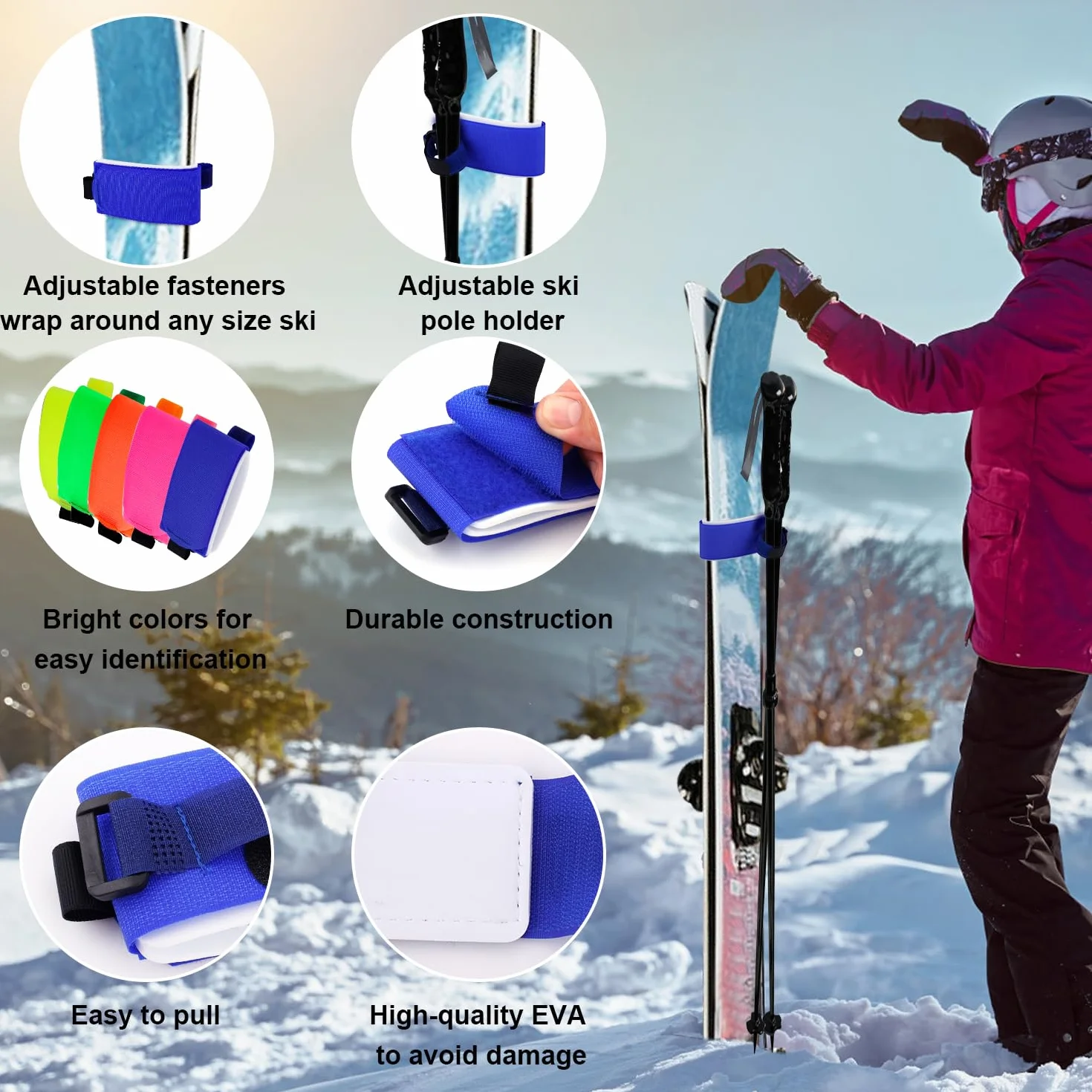 10szt Zapiecia do Pasków Narciarskich, 2 w 1 Pasek Noszenia Nart na Snowboardzie Kijki Narciarskie Regulowane Opaski na Narty EVA Ochronne Organizer na Sprzet Narciarski (5 Jasnych Kolorów)