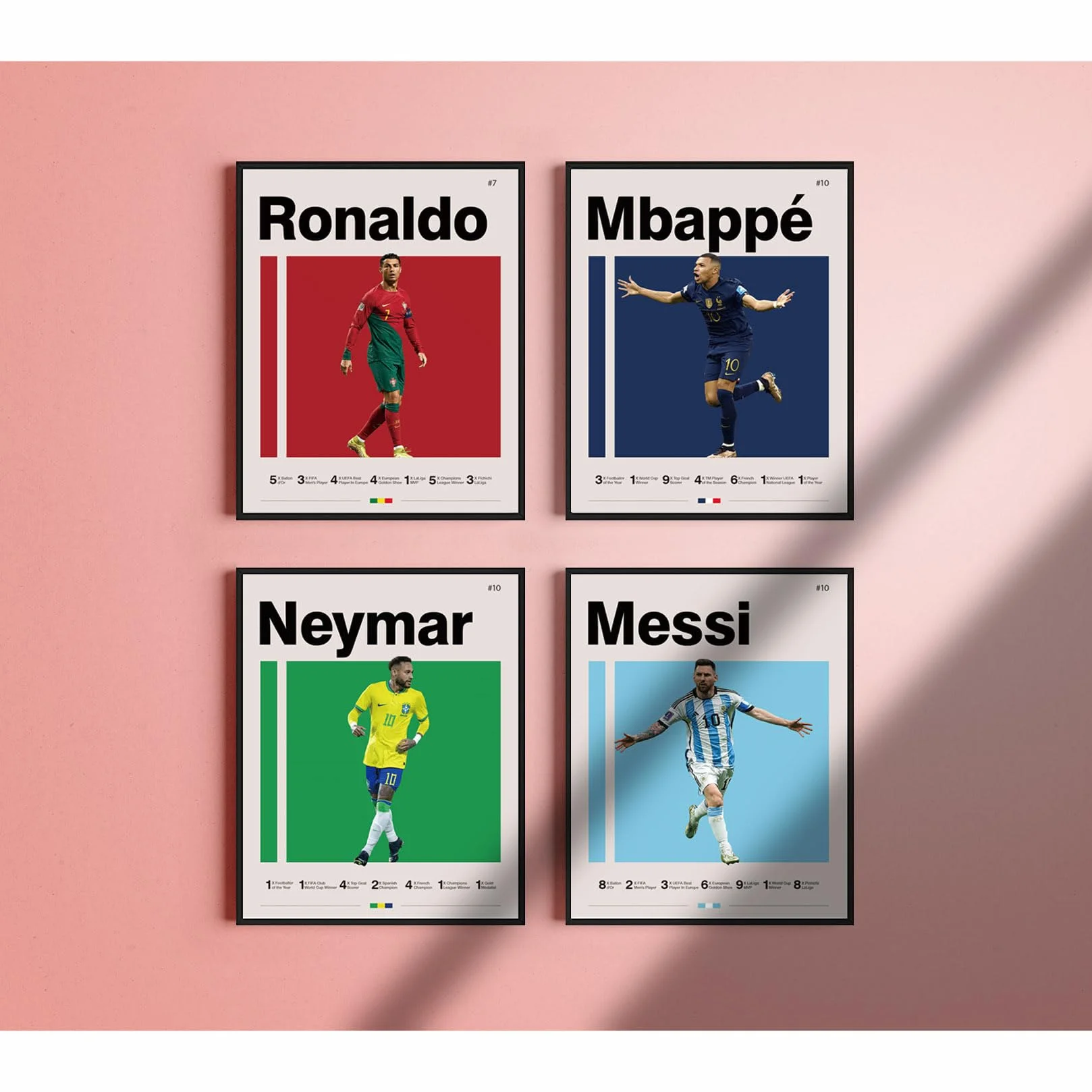 Plakaty piłkarskie 8x10 calowa Druki płótna Nieoprawiony zestaw 4 - Messi, Ronaldo, Mbape i Neymar Słynna piłka nożna Plakat supergwiazdy Dekoracja sportowa Sztuka ścienna dla chłopców w sypialni