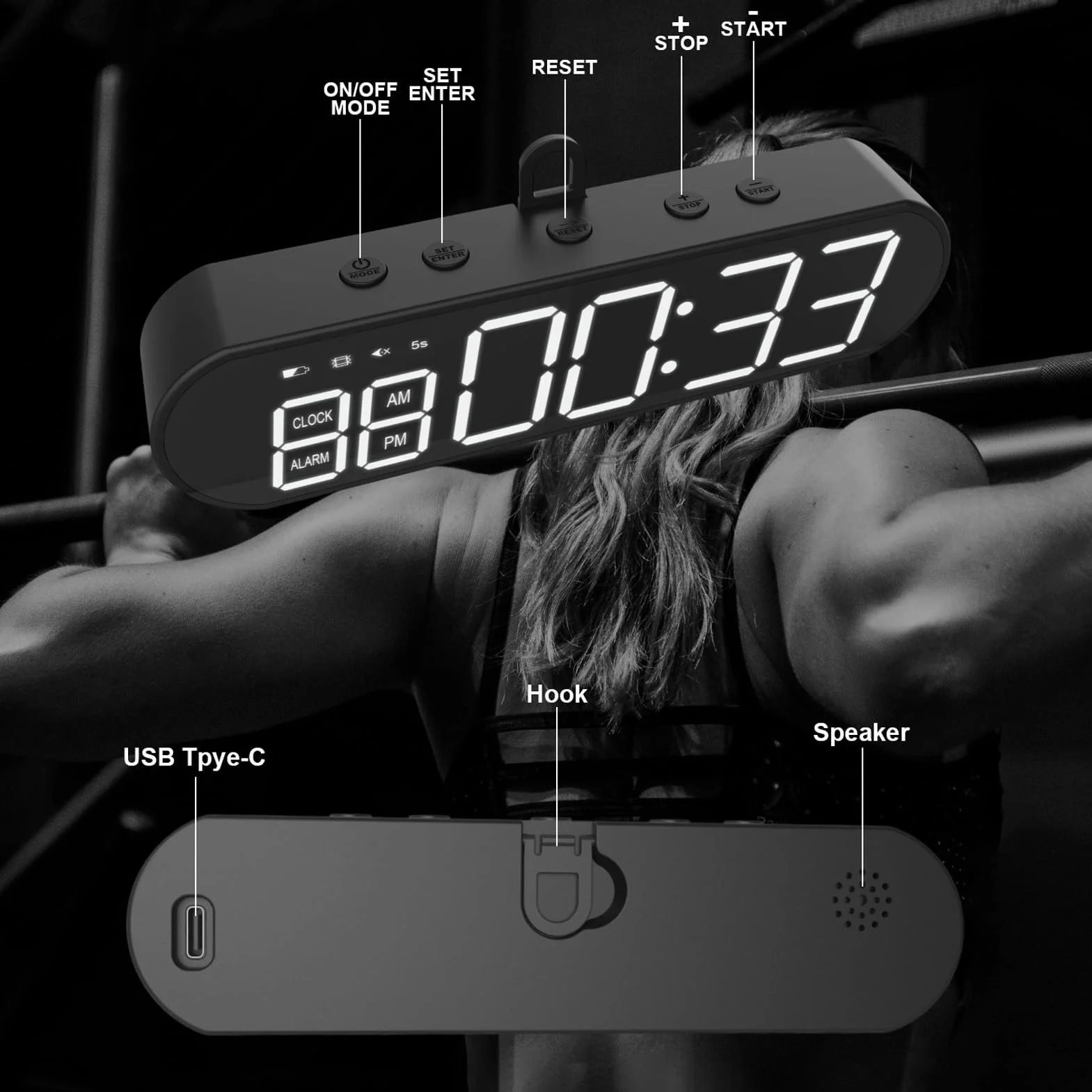 Przenośny Minutnik na Siłownię, Minutnik Interwałowy Zegar Odliczający/w górę Stoper 1000 MAh USB Można ładować Fitness Sport Interwałowy Timer do Treningu Budzik do Domowej