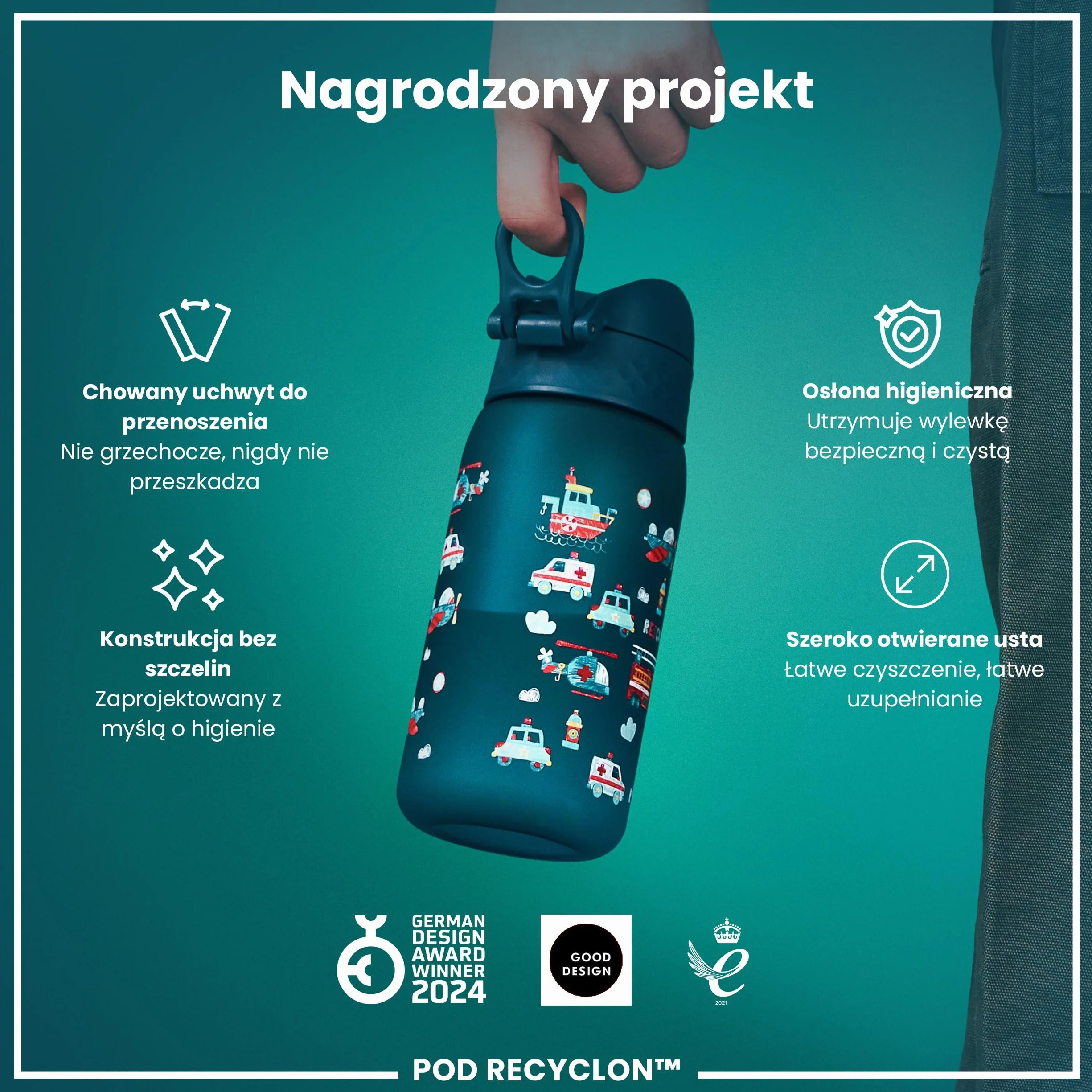 ION8 Butelka dla Dzieci 350 ml Szczelna Bez BPA Łatwa do Otwarcia Pojazd Ratunkowy