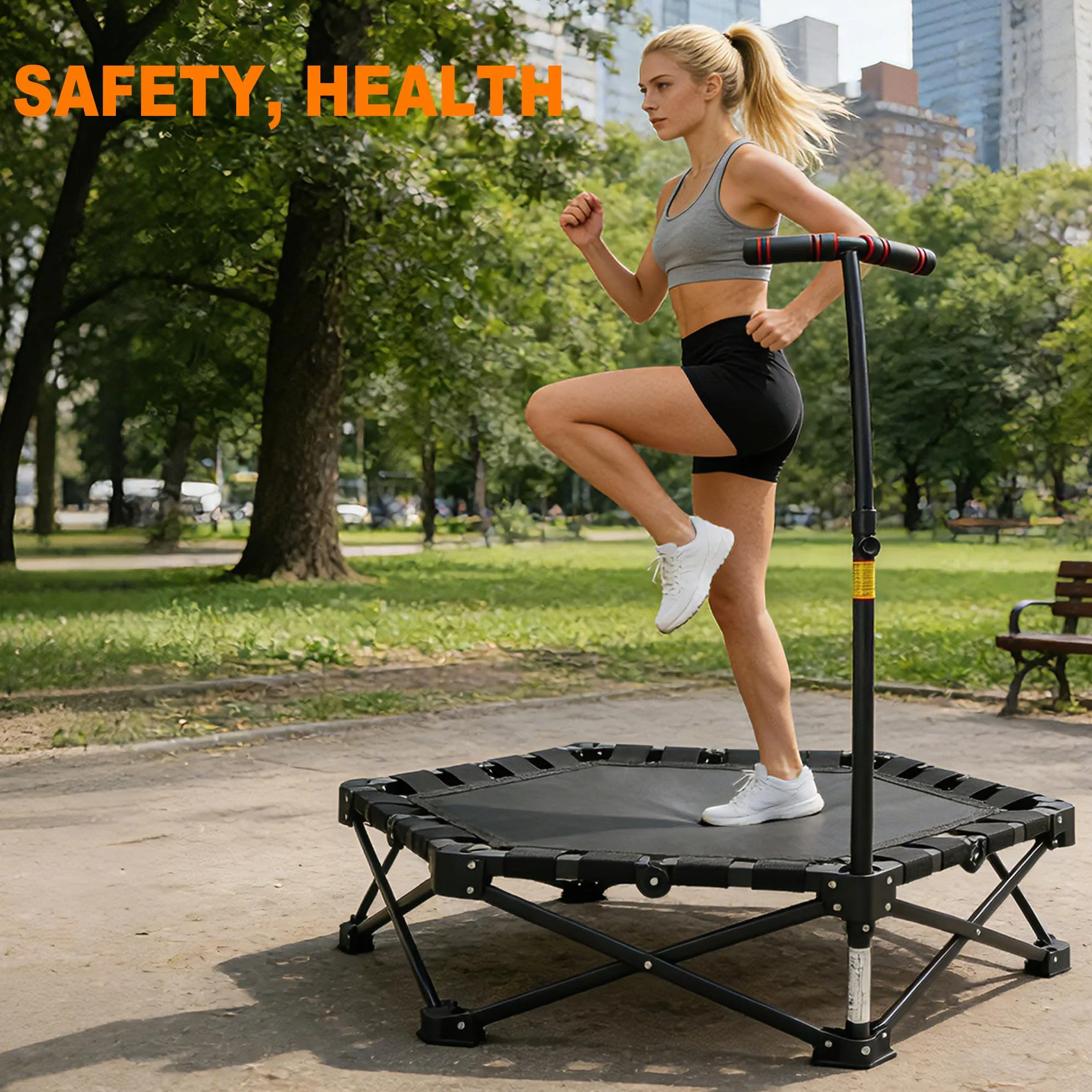 Składana mini trampolina 106 cm, 3-stopniowa regulacja wysokości, bez montażu, do użytku wewnątrz i na zewnątrz, z wytrzymałą ramą X, cicha, antypoślizgowa, do treningu domowego i zabawy