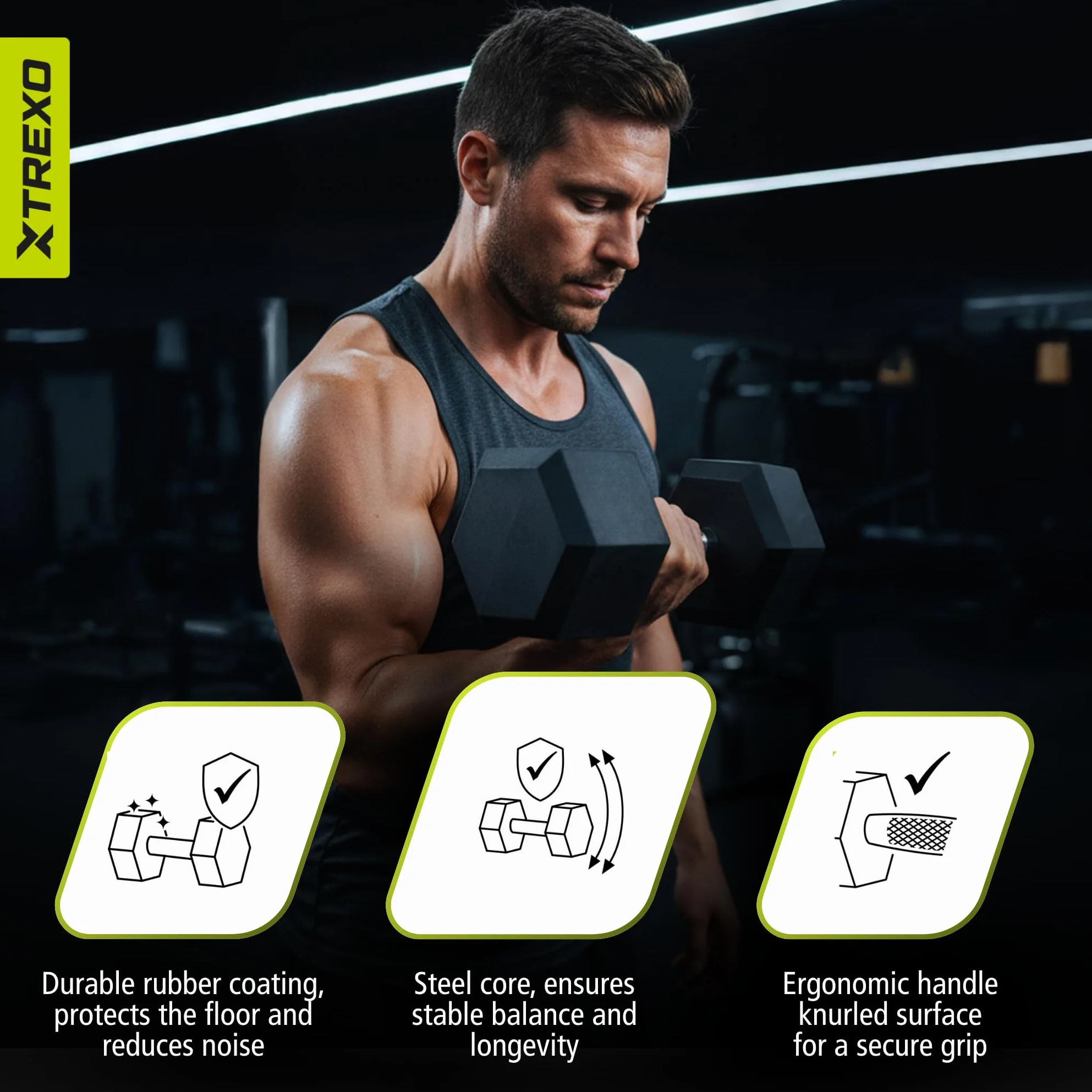 TREXO Hantle 2,5 kg – 35 kg, sześciokątne, wytrzymałe, gumowane żeliwo, do treningu siłowego w domu, z ergonomicznym uchwytem, stabilne i wszechstronne