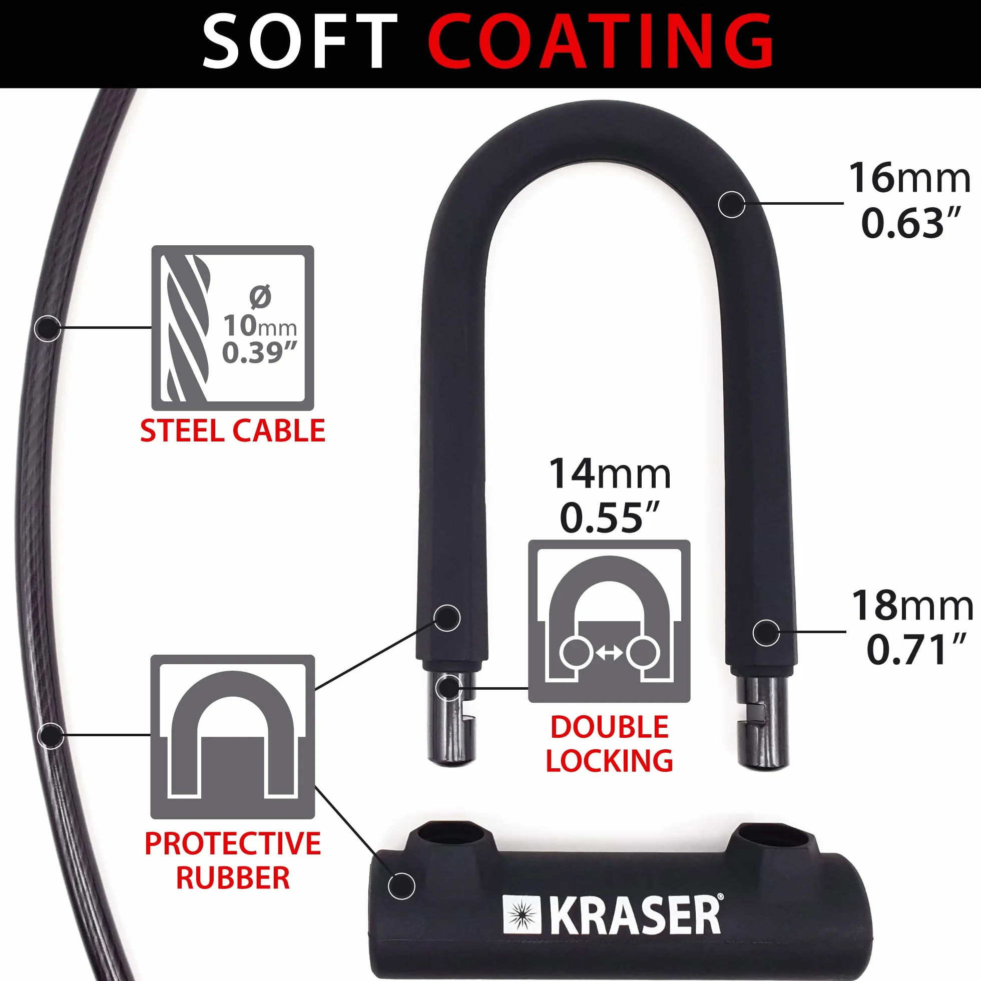 KRASER KR65145B Zapięcie Rowerowe Universalny Rower U-lock Blokada + Metalowa Elastyczne Kablowa 120cm + Uchwytem Montażowym
