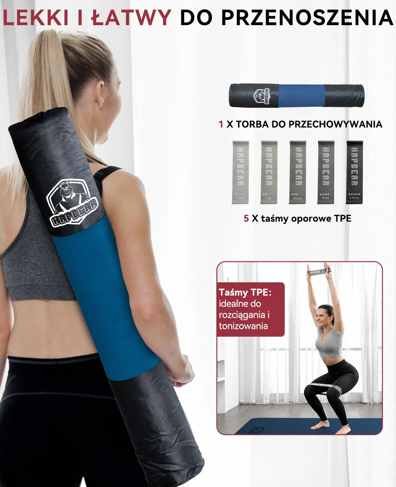 Mata do jogi HAPBEAR XXL 183×91 cm 6 mm antypoślizgowa TPE z taśmami oporowymi i torbą