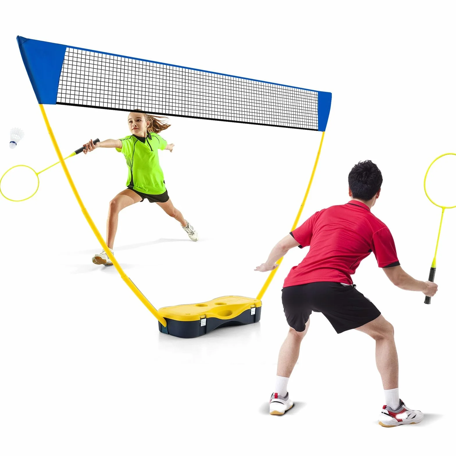 LIFEZEAL Przenośny zestaw do badminton, stojak siatkowy z wolnostojącą podstawą, przyrządy do ćwiczeń z rakietami, lotkami i siatką