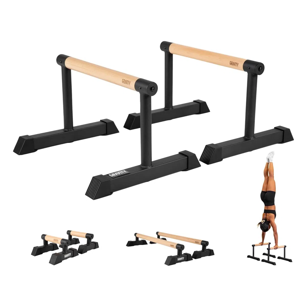 Gravity Fitness Pręty parallette z hybrydowymi drewnianymi uchwytami, stabilne do kalisteniki, gimnastyki, treningu siłowego, przenośne i lekkie, do domowej lub komercyjnej siłowni