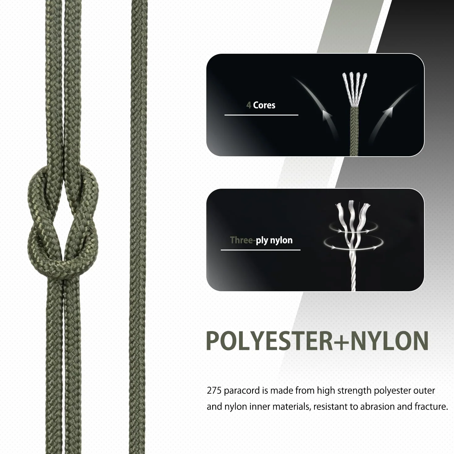 Abma Cord 275LB Paracord 2.4mm 30m Linka Nylonowy Sznurek 4 Strands Taktyczna - Max. 125kg (275lbs) - Zielony wojskowy