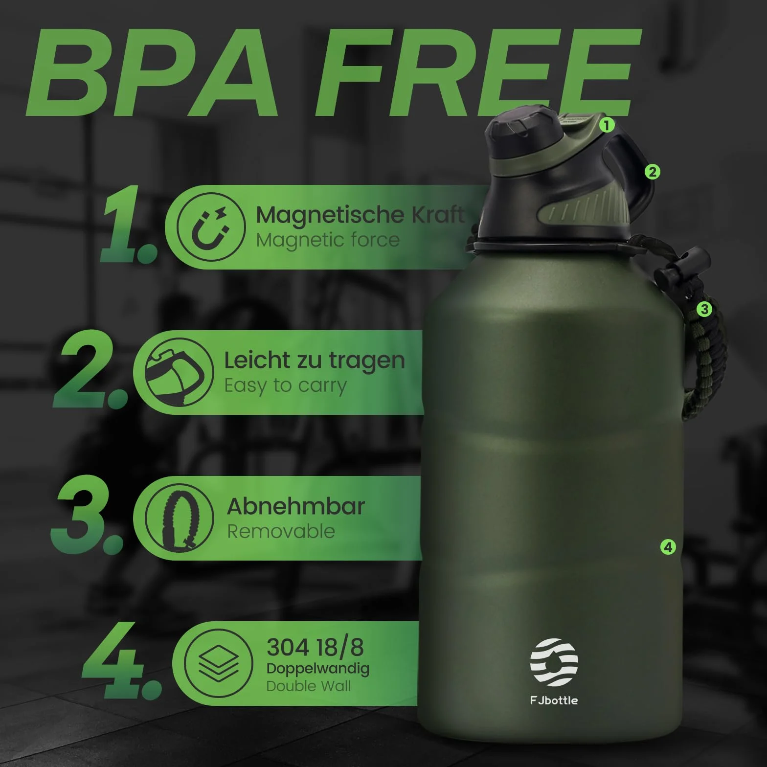 Fjbottle Butelka do picia ze stali nierdzewnej, 1900 ml, z magnetyczną pokrywką, nie zawiera BPA, szczelna, z podwójnymi ściankami, nadaje się do uprawiania sportu, na uczelnię, fitness, kemping, do