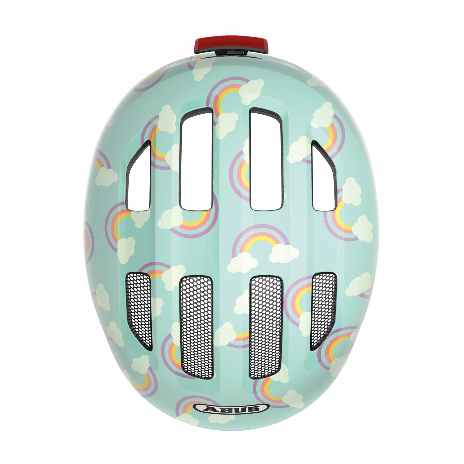 ABUS Kask dzieci?cy Smiley 3.0 LED – kask rowerowy ze ?wiat?em – g??bokie dopasowanie i miejsce na warkocz – dla dziewcz?t i ch?opców – jasnoniebieski z t?czowym wzorem, rozmiar M