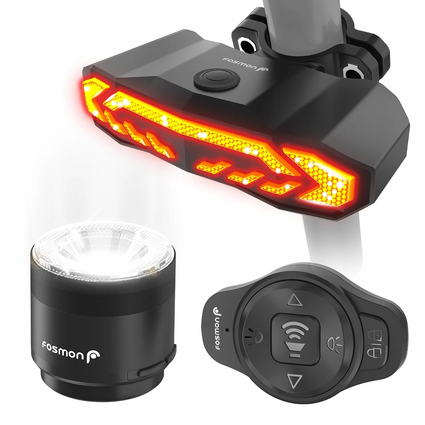 Fosmon Tylne światło rowerowe z przednim światłem, alarm 110 dB, automatyczne światła hamowania, pilot zdalnego sterowania, ładowanie USB-C