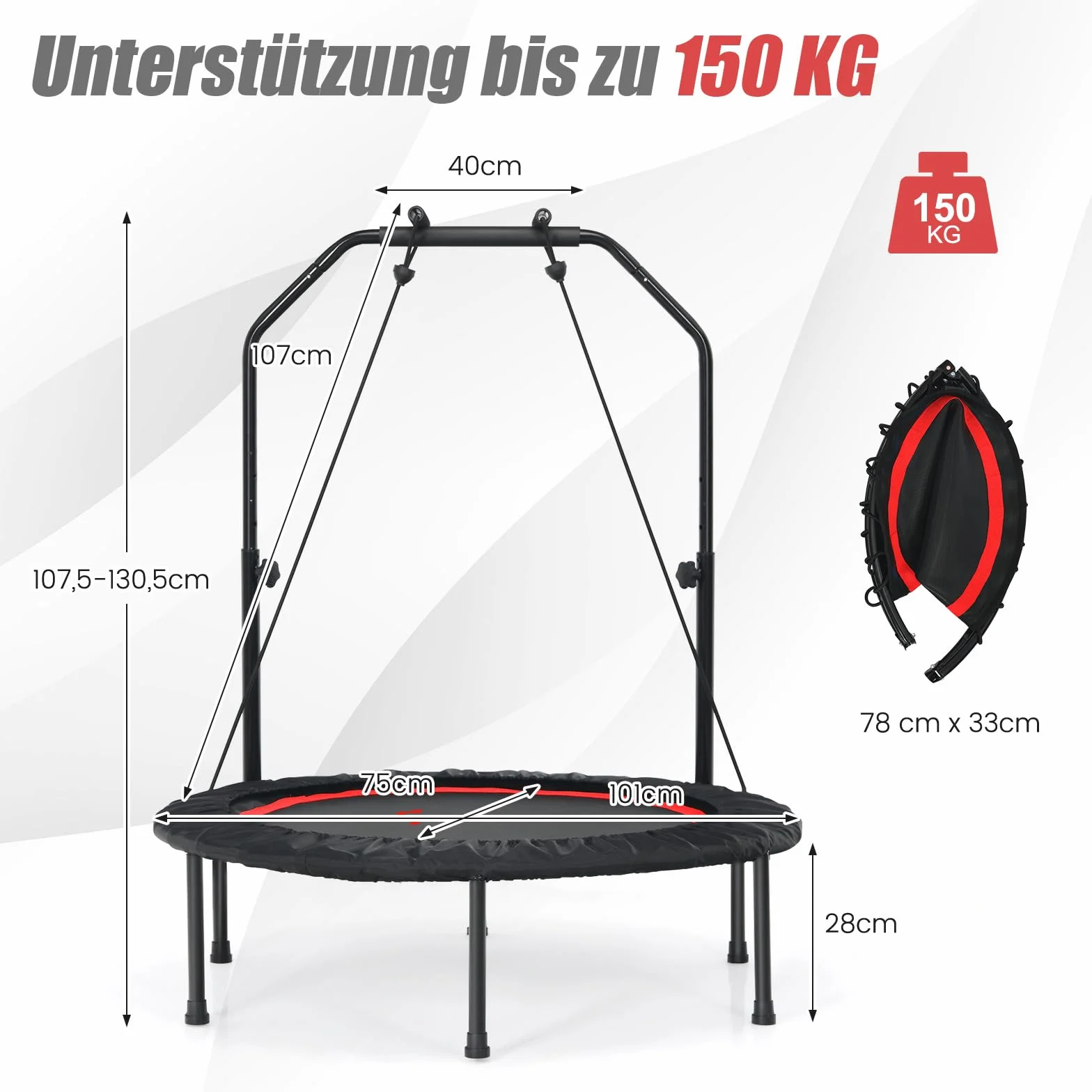 COSTWAY Trampolina Fitness φ101 cm z Uchwytem Regulowanym, Składana, 150 kg