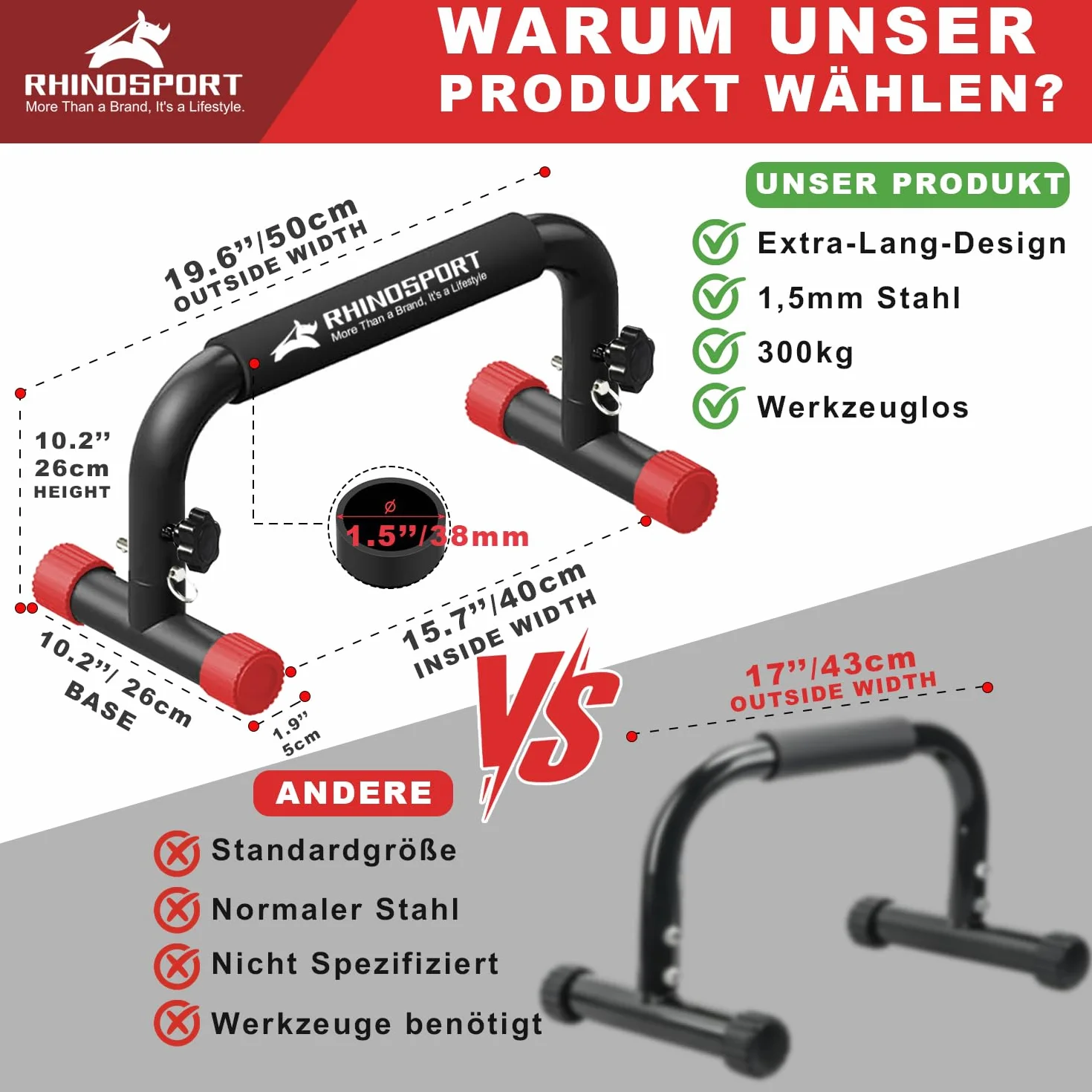 RHINOSPORT Drążki Parallettes do calisthenics pompki i pompki 25.9 cm wysokość 300 kg/661 funtów pojemność wagowa trening siłowy domowe treningi calisthenics sprzęt [50x25.9x25.9 cm] czerwony