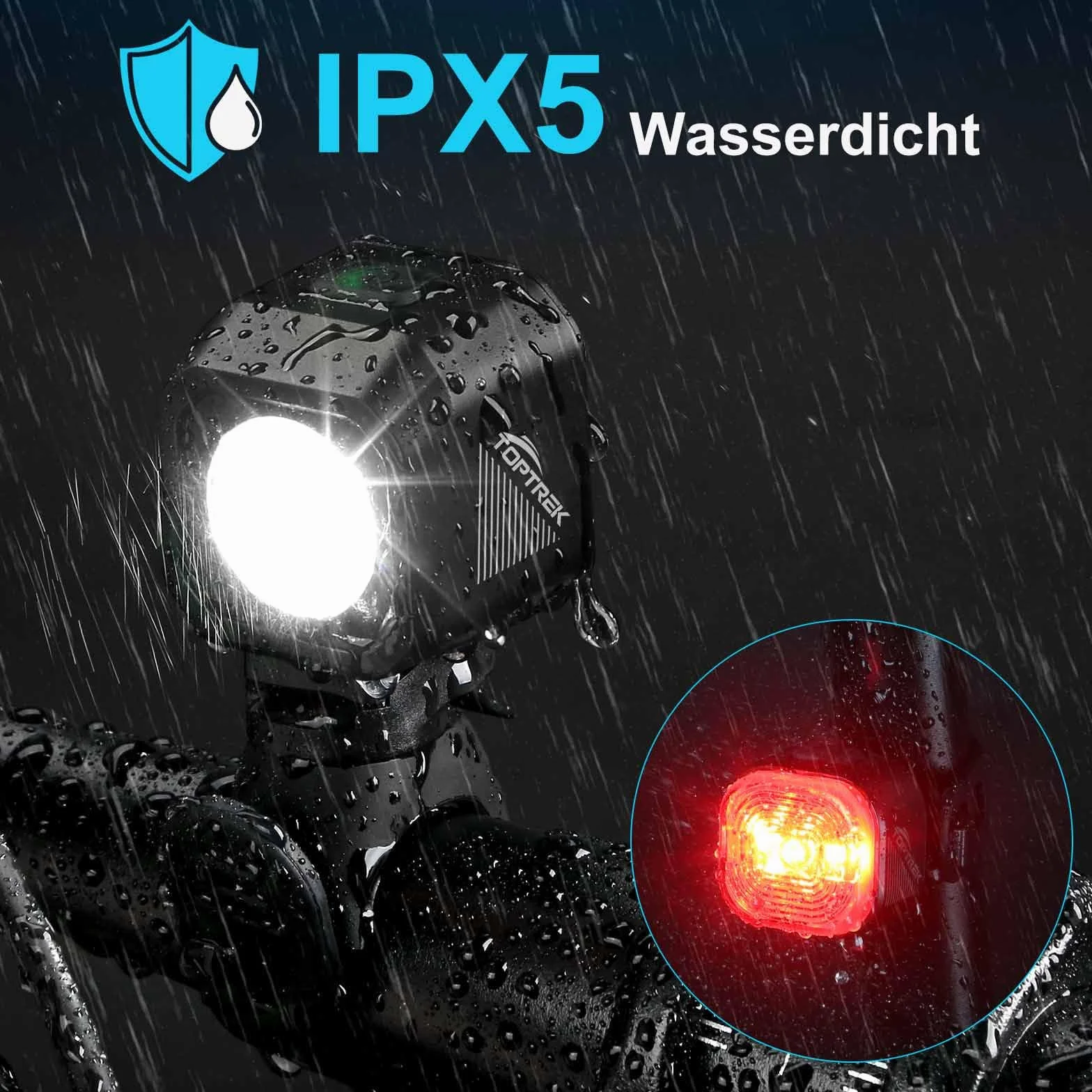 Toptrek Zestaw Oświetlenia Rowerowego LED Ładowany USB IPX5