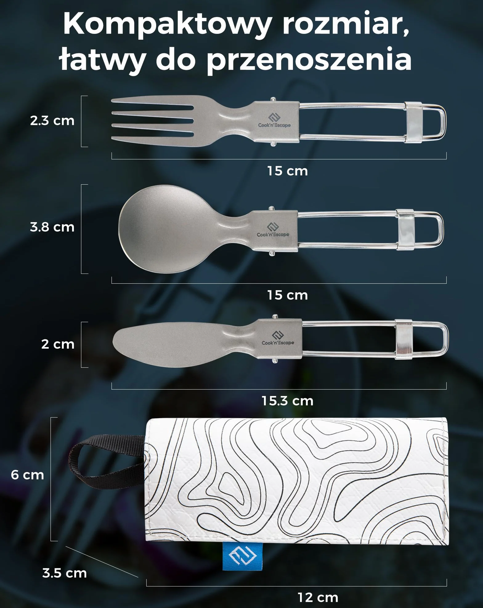 COOK'N'ESCAPE Tytanowe sztućce kempingowe, 3-częściowy zestaw sztućców – składane sztućce z nożem, widelcem, łyżką i torbą do przenoszenia, ultralekkie tytanowe sztućce podróżne do aktywności na