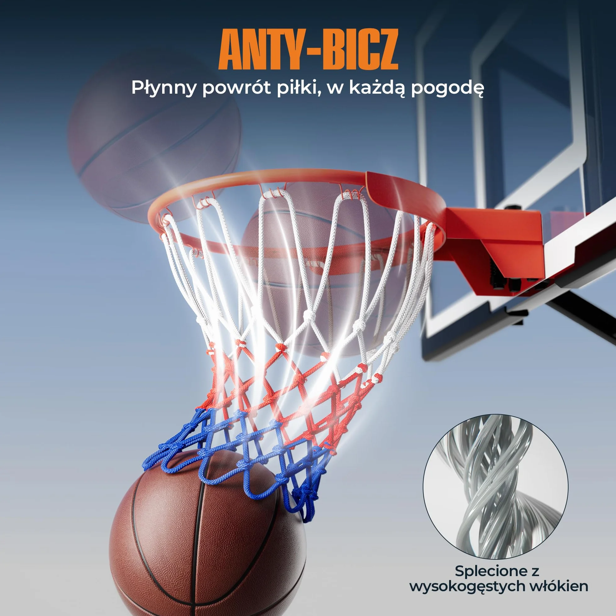 2x Siatka do Koszykówki 150g – Wytrzymała Siatka Zapasowa na Kosz – Na Zewnątrz, Odporna na Warunki Atmosferyczne, 12 Pętli – Biała, Czerwona i Niebieska