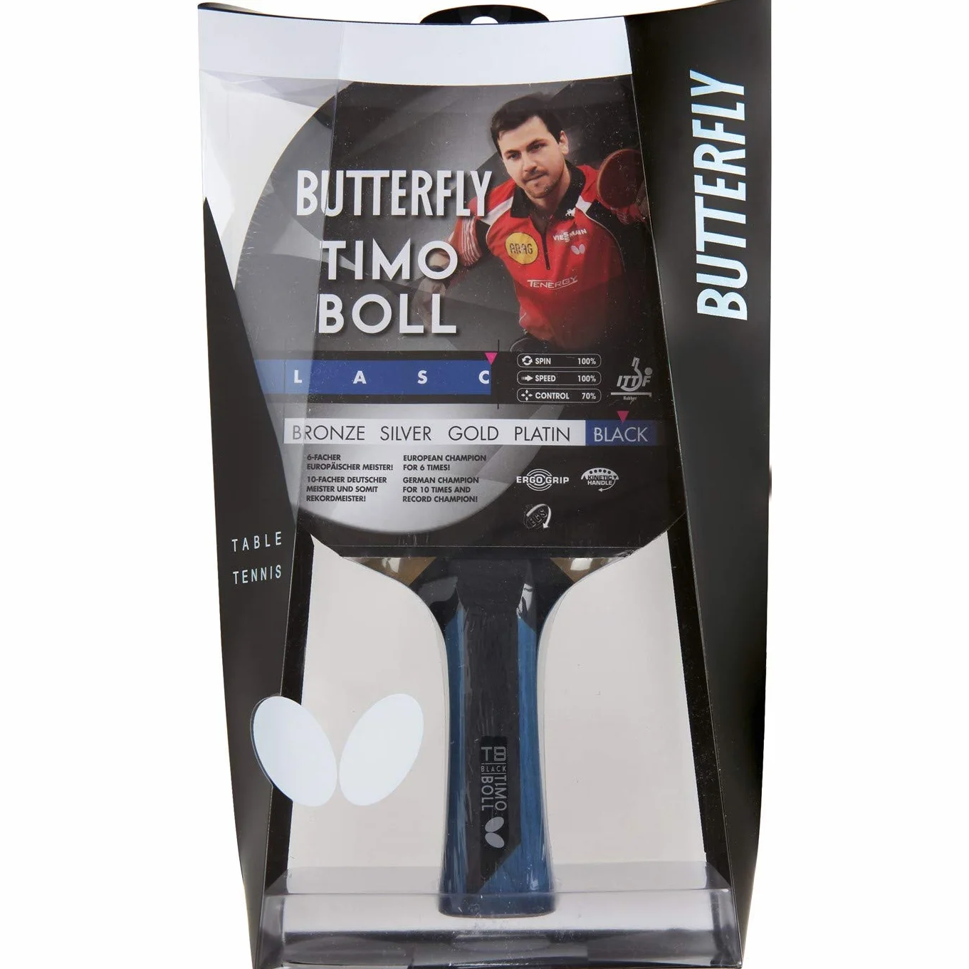 Butterfly® Timo Boll Black rakieta do tenisa stołowego, rakieta do tenisa stołowego, dla zaawansowanych technicznie graczy, z certyfikatem ITTF Wakaba, anatomiczny kształt uchwytu