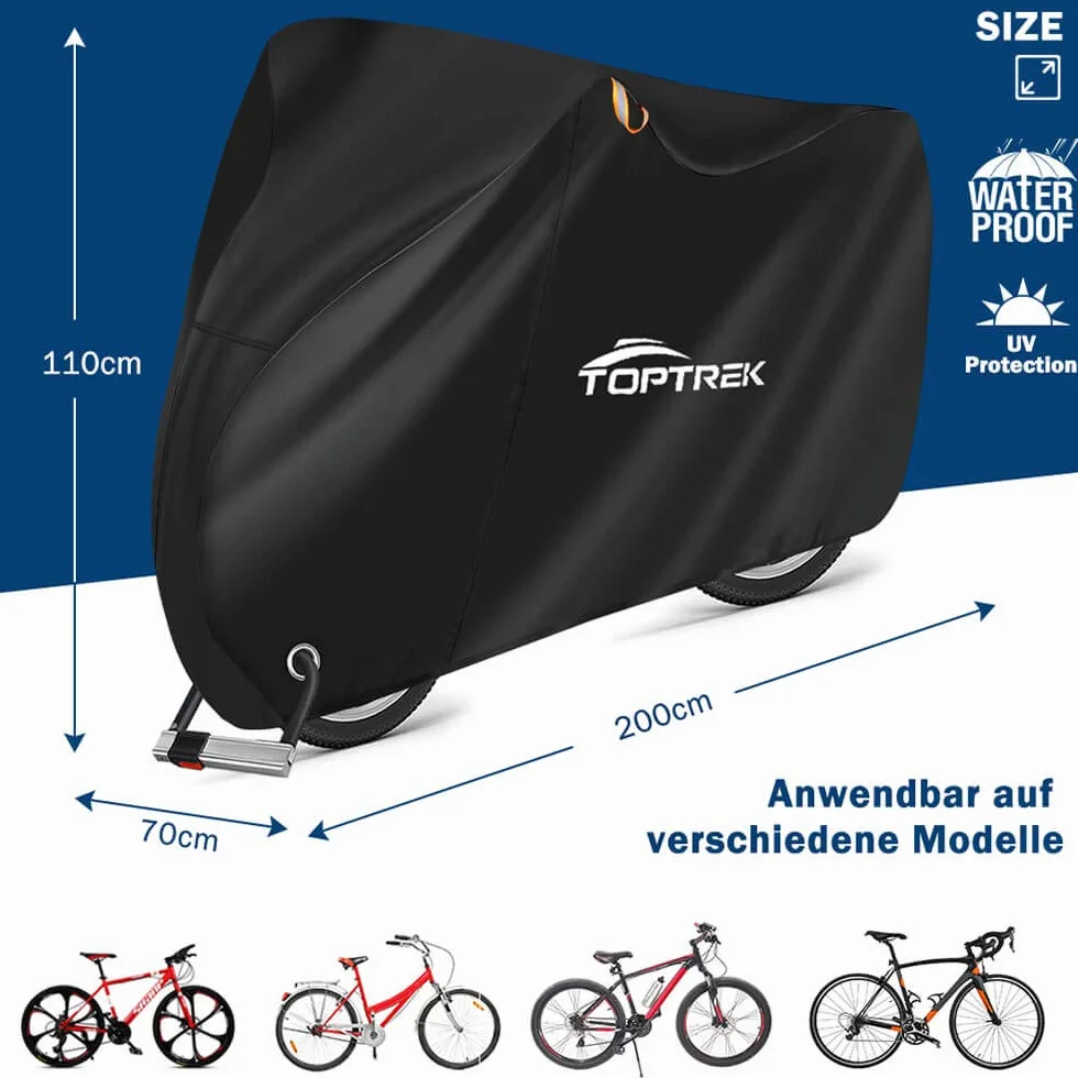 Toptrek Pokrowiec rower 210D z taśmą do szwów, tkanina Oxford, wodoszczelna, wysokiej jakości garaż na rower, do użytku na zewnątrz, 200 x 110 x 70 cm, odporna na rozerwanie, ochrona przed słońcem,