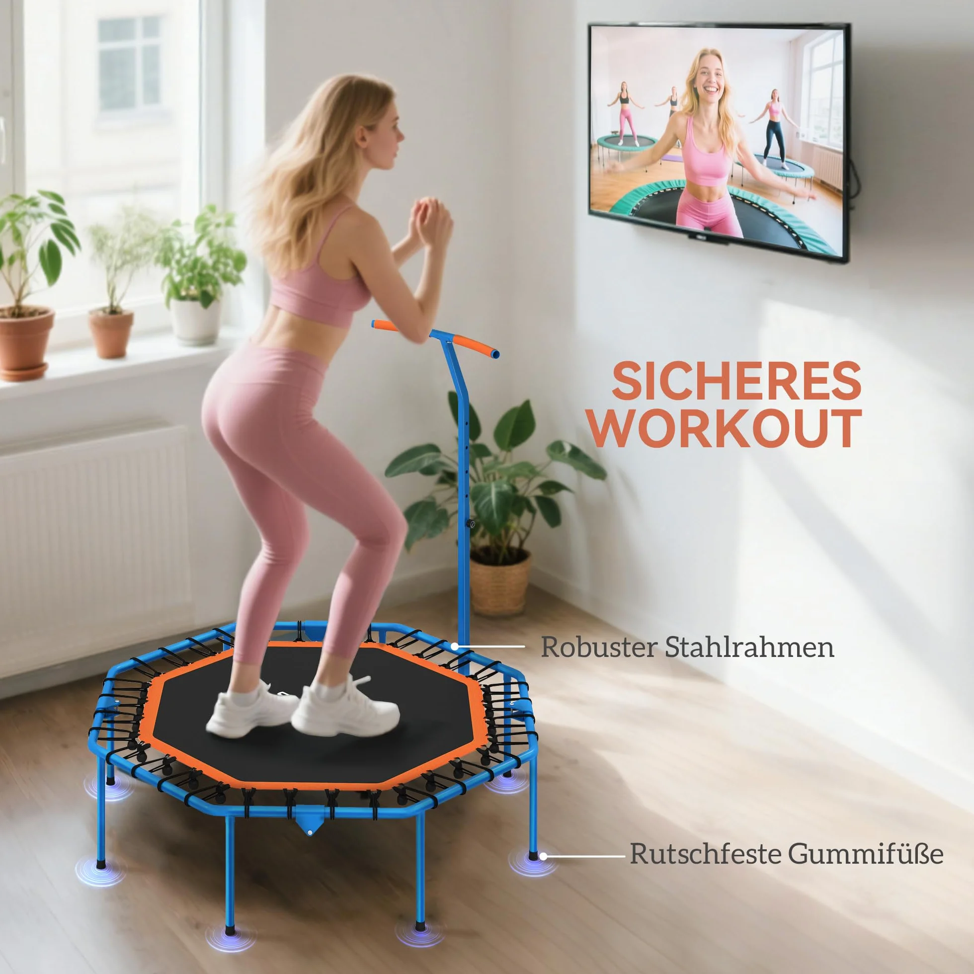 SPORTNOW Trampolina fitness, składana, Ø 128 cm, mini trampolina z 5-stopniową regulacją wysokości, cichą gumową linką, trampolina dla dorosłych, do użytku wewnątrz i na zewnątrz
