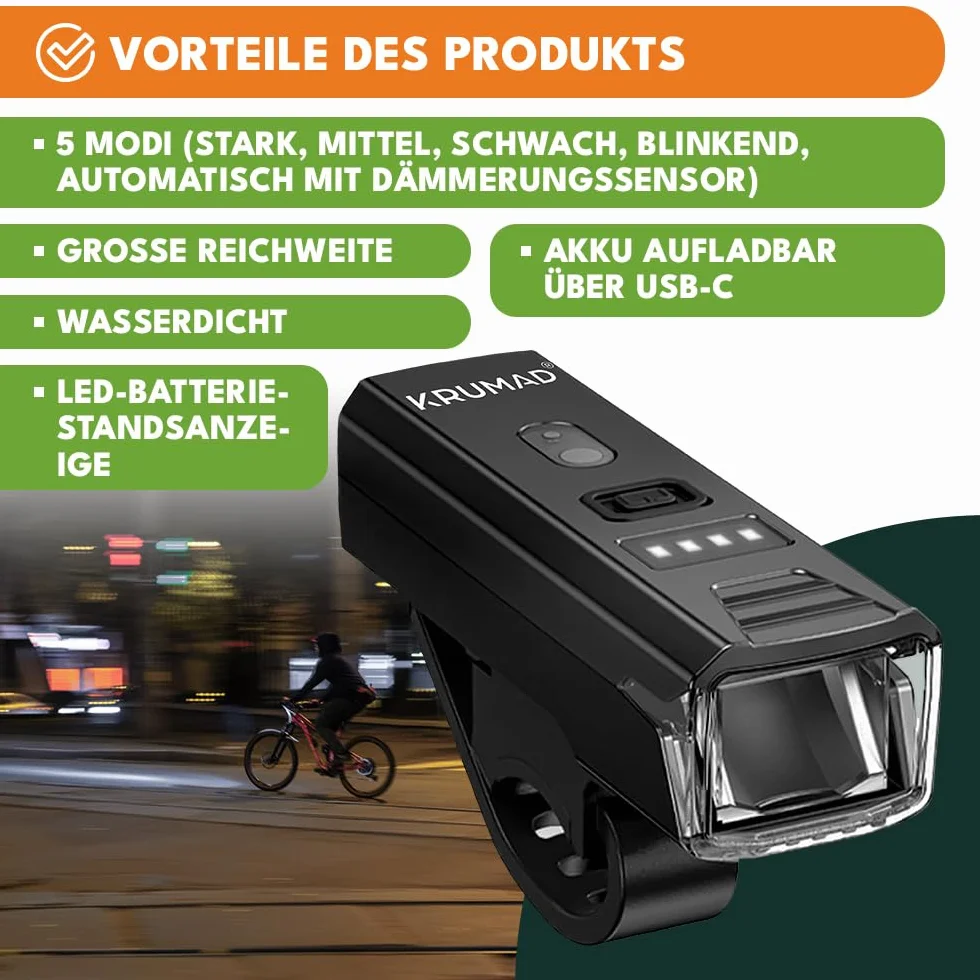KRUMAD Lampka rowerowa LED, 5 trybów świecenia z czujnikiem zmierzchu, USB-C akumulator, wodoodporna IPX4, przednie światło rowerowe do 200 m, akcesoria rowerowe, kolor czarny
