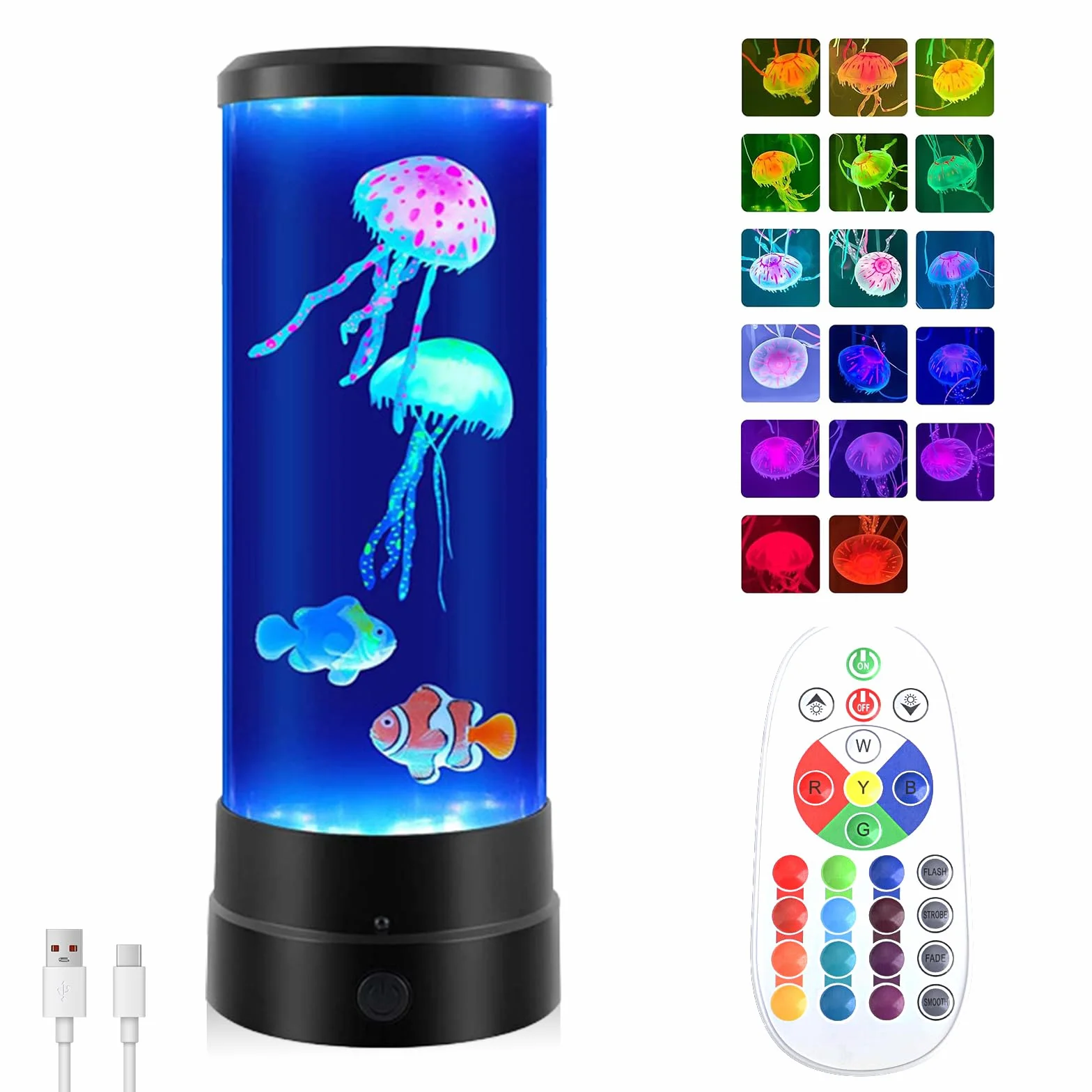 JIMACRO Lampa do akwarium z meduzami LED, 17 kolorów, 4 tryby, 3 jasności, USB, pilot