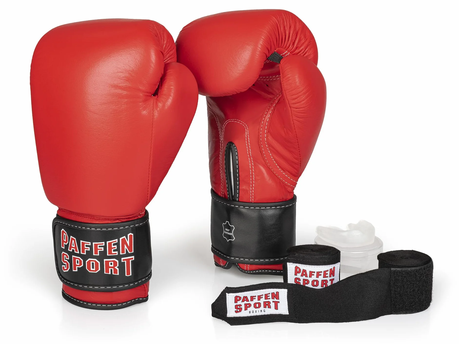 PAFFEN SPORT "ADVANCED" zestaw bokserski; zestaw z jedną parą rękawic bokserskich z prawdziwej skóry, parą bandaży bokserskich i ochroną zębów dla dorosłych