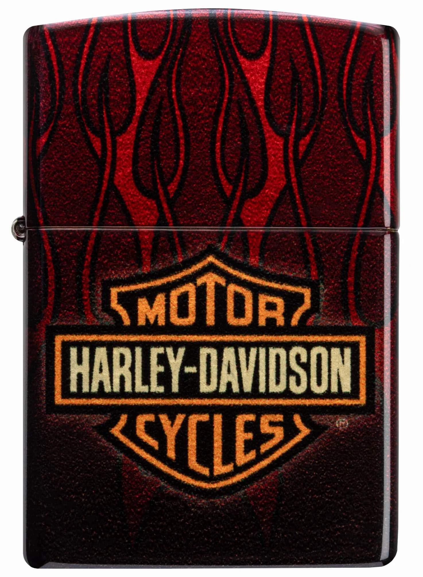 Zippo Harley-Davidson Flames Zapalniczka Sztormowa, do Napełniania, Wielokrotnego Użytku, Wiatroodporna Konstrukcja, Pudełko na Prezent, Wykonano w USA, Postarzany Mosiądz (540° Tumbled Brass)