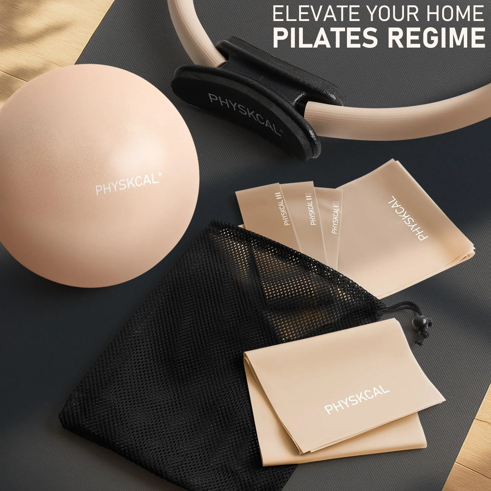 PhysKcal Zestaw do pilatesu, 38 cm pierścień do pilatesu z 1 x kulką rdzeniową, 3 x odpornymi pętlami i 2 x taśmami elastycznymi, domowy pilates na macie niezbędny zestaw