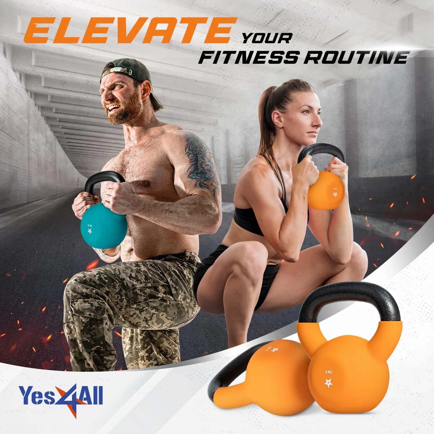 Yes4All HCR1 6KG żeliwny kettlebell powlekany neoprenem pomarańczowy