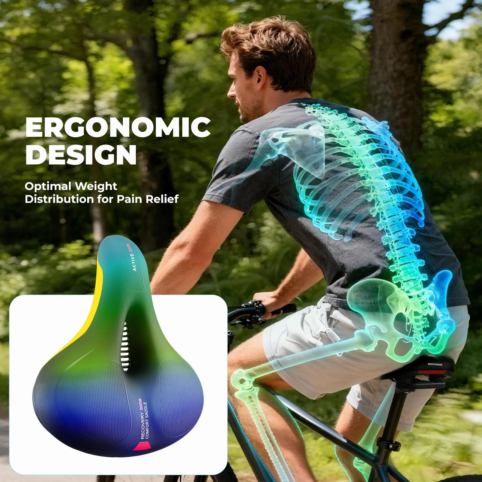 ROCKBROS Siodełko Rowerowe Wodoodporne Oddychające Antypoślizgowe Miękkie Lekkie Wygodne Ergonomiczne z Pamięcią Kształtu i Odblaskami Uniwersalne dla Mężczyzn Kobiet