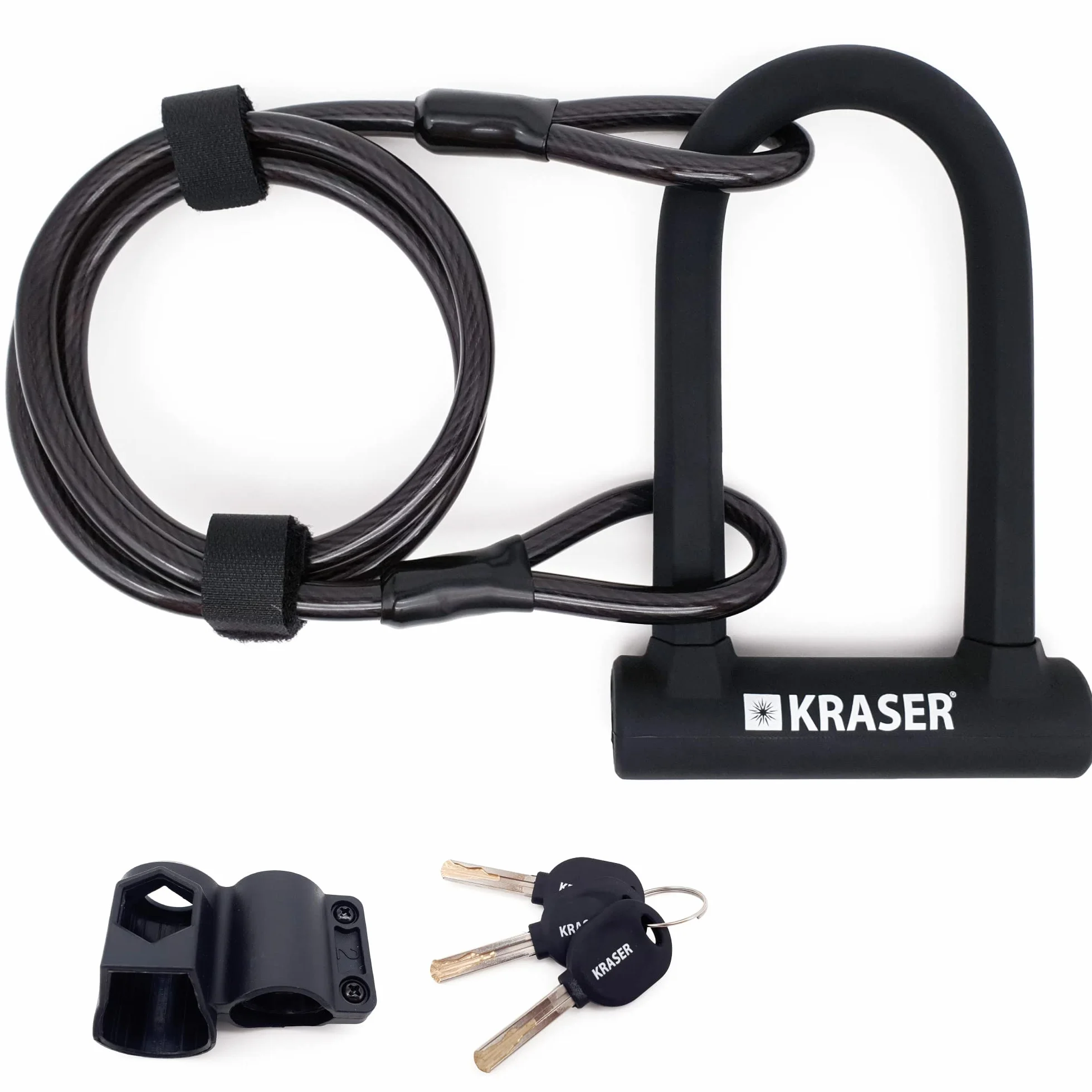 KRASER KR65145B Zapięcie Rowerowe Universalny Rower U-lock Blokada + Metalowa Elastyczne Kablowa 120cm + Uchwytem Montażowym