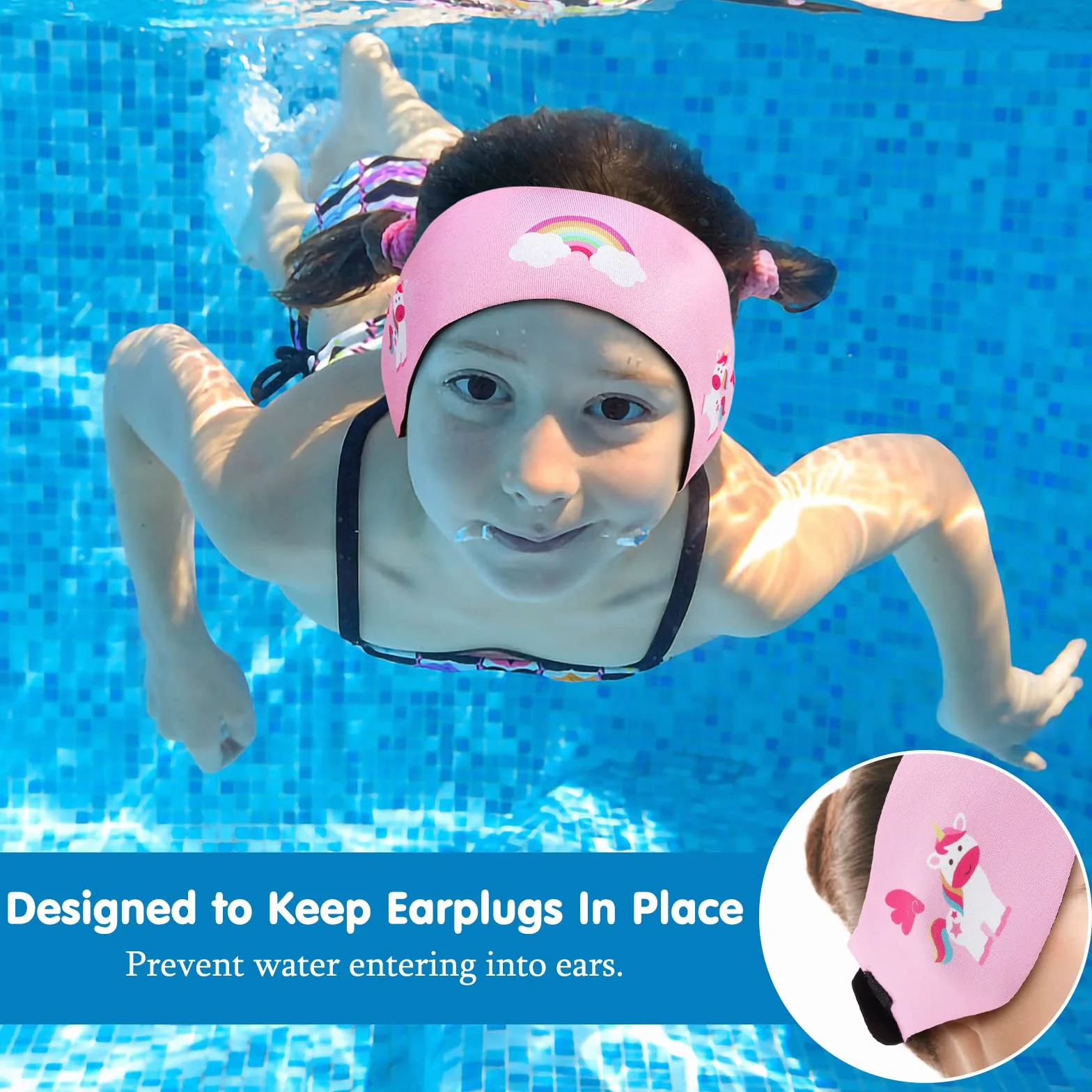 HeySplash Opaska na głowę do pływania dla dzieci, neoprenowa ochrona uszu - różowa
