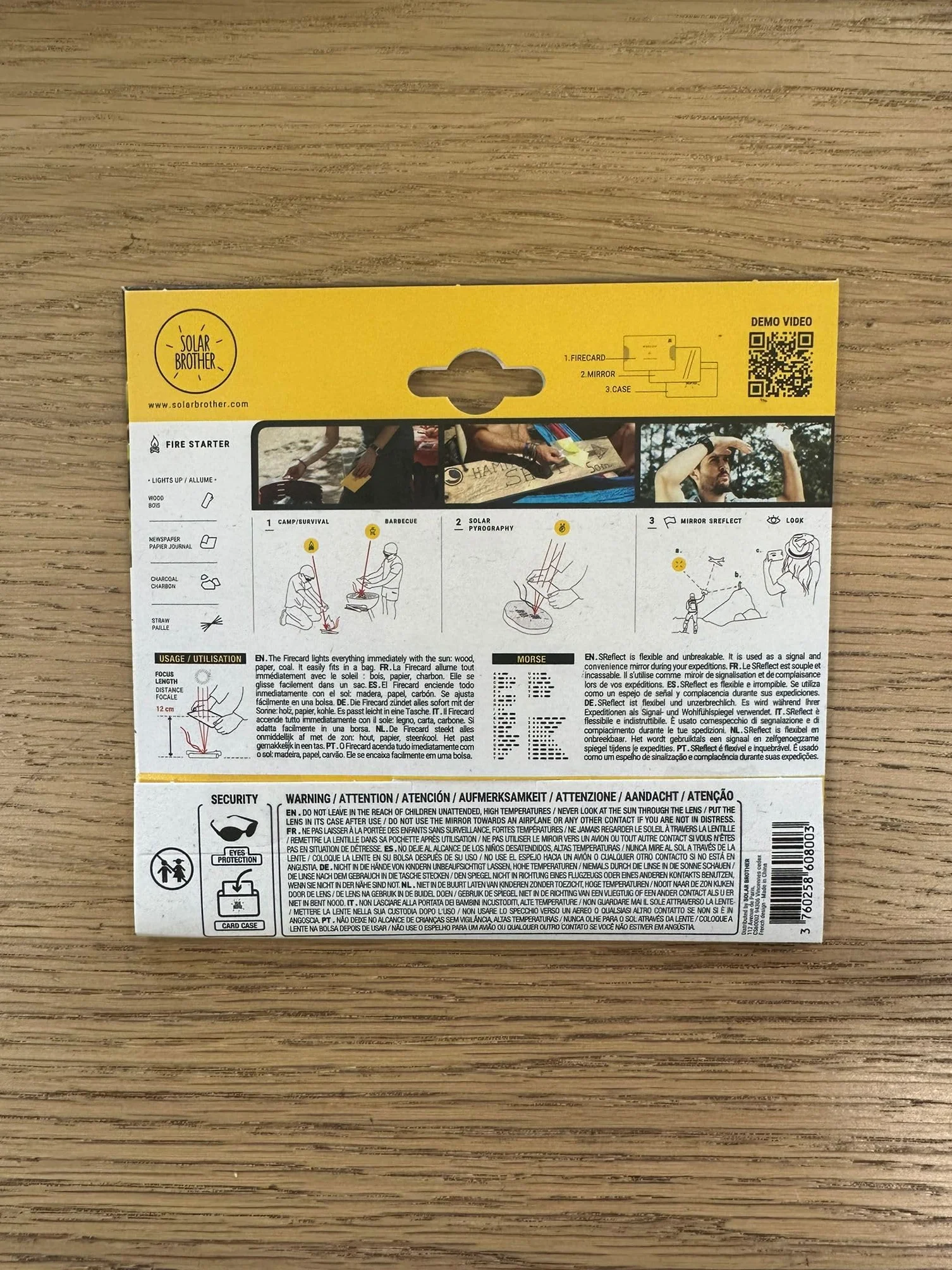 SOLAR BROTHER — Adventure Kit — Ogień i pirogrator słoneczny — kod Morse'a — Zapalniczka FIRECARD + Lustro SREFLECT + Żółta torba ochronna