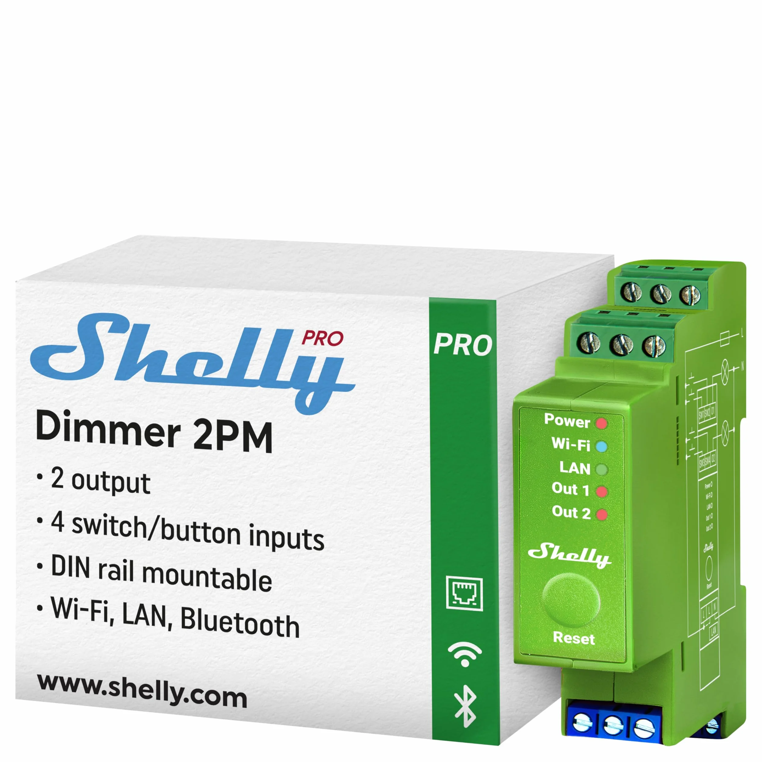 Shelly Pro Dimmer 2PM 2-Kanałowy Inteligentny Ściemniacz Wi-Fi LAN Bluetooth z Pomiarem Mocy Szyna DIN Automatyka Domowa