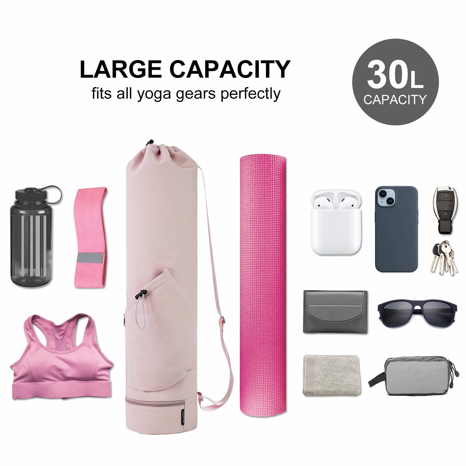 Torba do jogi z kieszenią na mokre i kieszenią na butelkę, torba sportowa, damska, regulowany pasek na ramię, na siłownię, jogę, pilates, akcesoria do jogi, różowa (zgłoszona patent)
