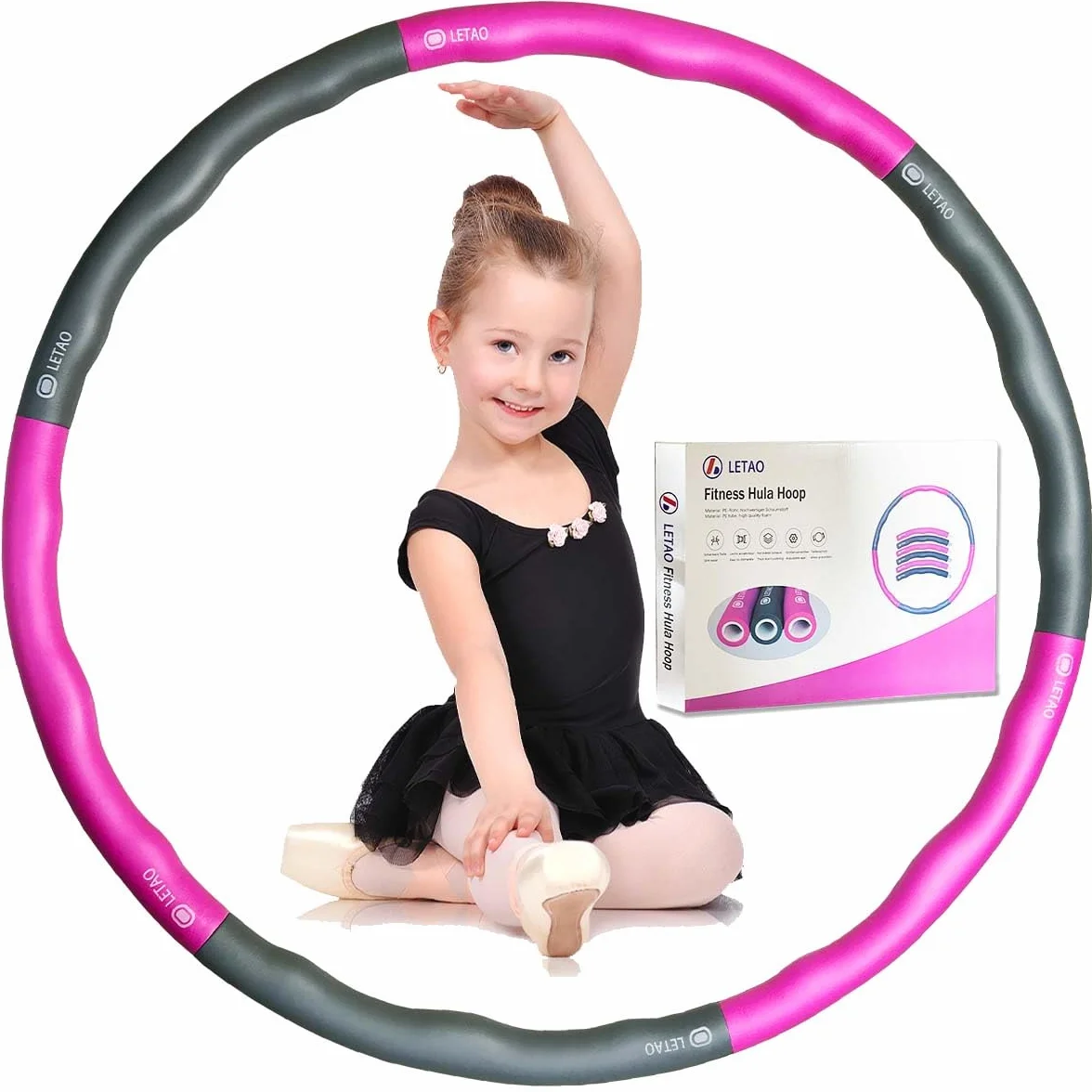 LETAO Obręcz fitness dla dzieci w wieku 3-8 lat, różowo-szara obręcz fitness dla dzieci, może być zdemontowana, w zestawie instrukcja elektroniczna