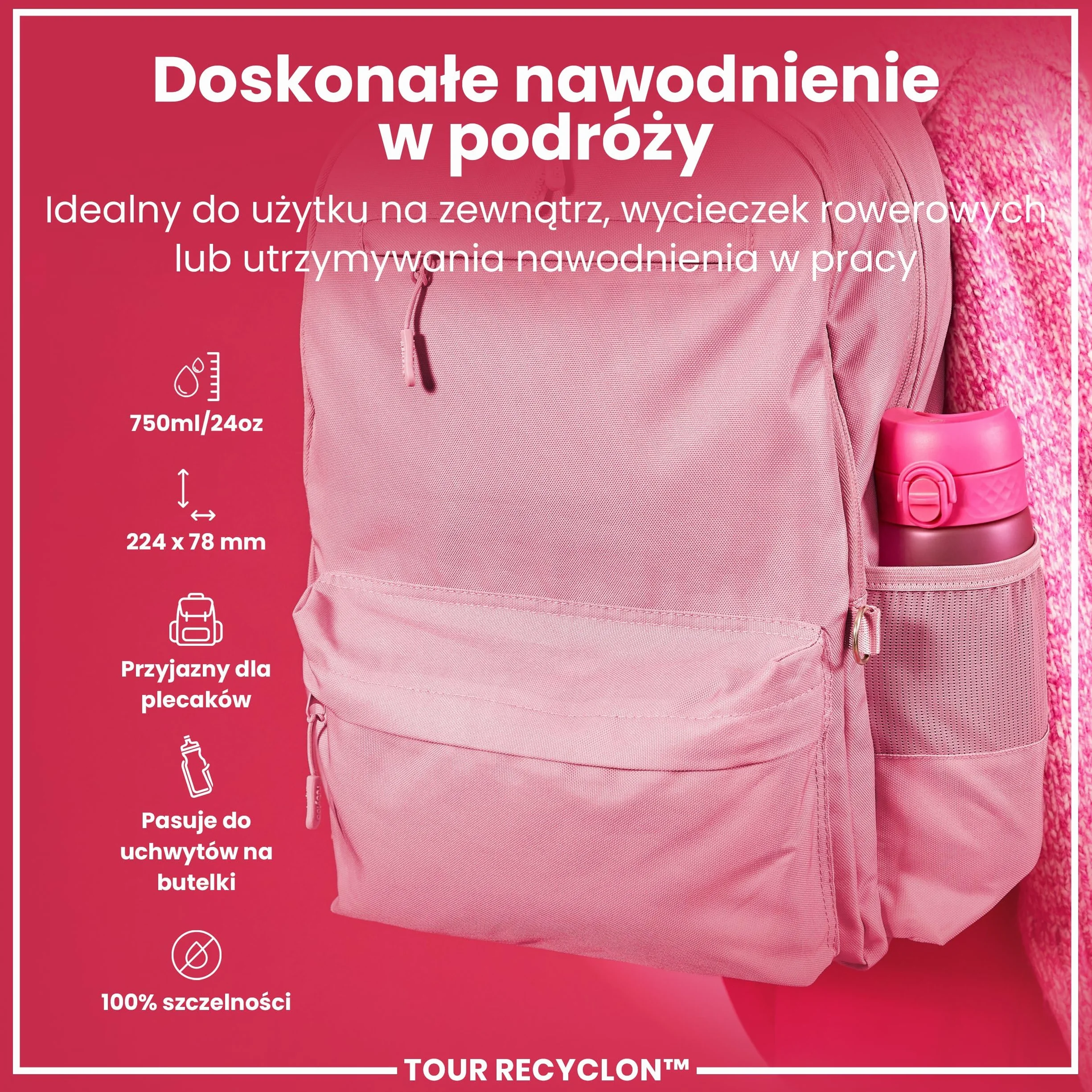 ION8 Butelka na Wodę, 750 ml/24 oz, Szczelna, Łatwe Otwieranie, Bezpieczny Zamek, Można Myć w Zmywarce, Bez BPA, Uchwyt do Przenoszenia, Chwyt z Konturami, Łatwa Czyszczenia, Bezwonny, Różowy